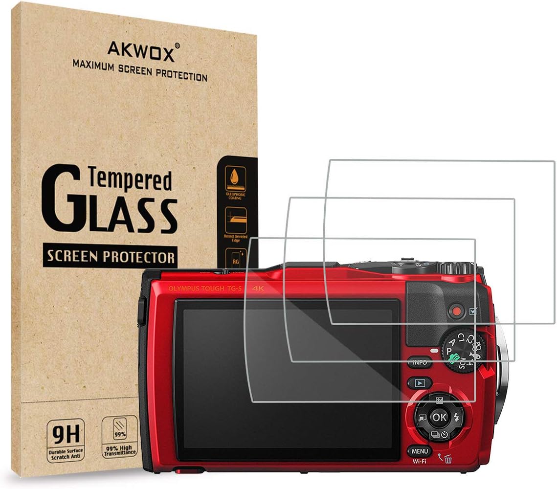 (Pack of 3) Tempered Glass Screen Protector for Olympus Tough TG-5 TG-4 TG-3, AKWOX [0.3mm 2.5D High Definition 9H] Anti-Scratch Optical LCD Premium Protective Cover