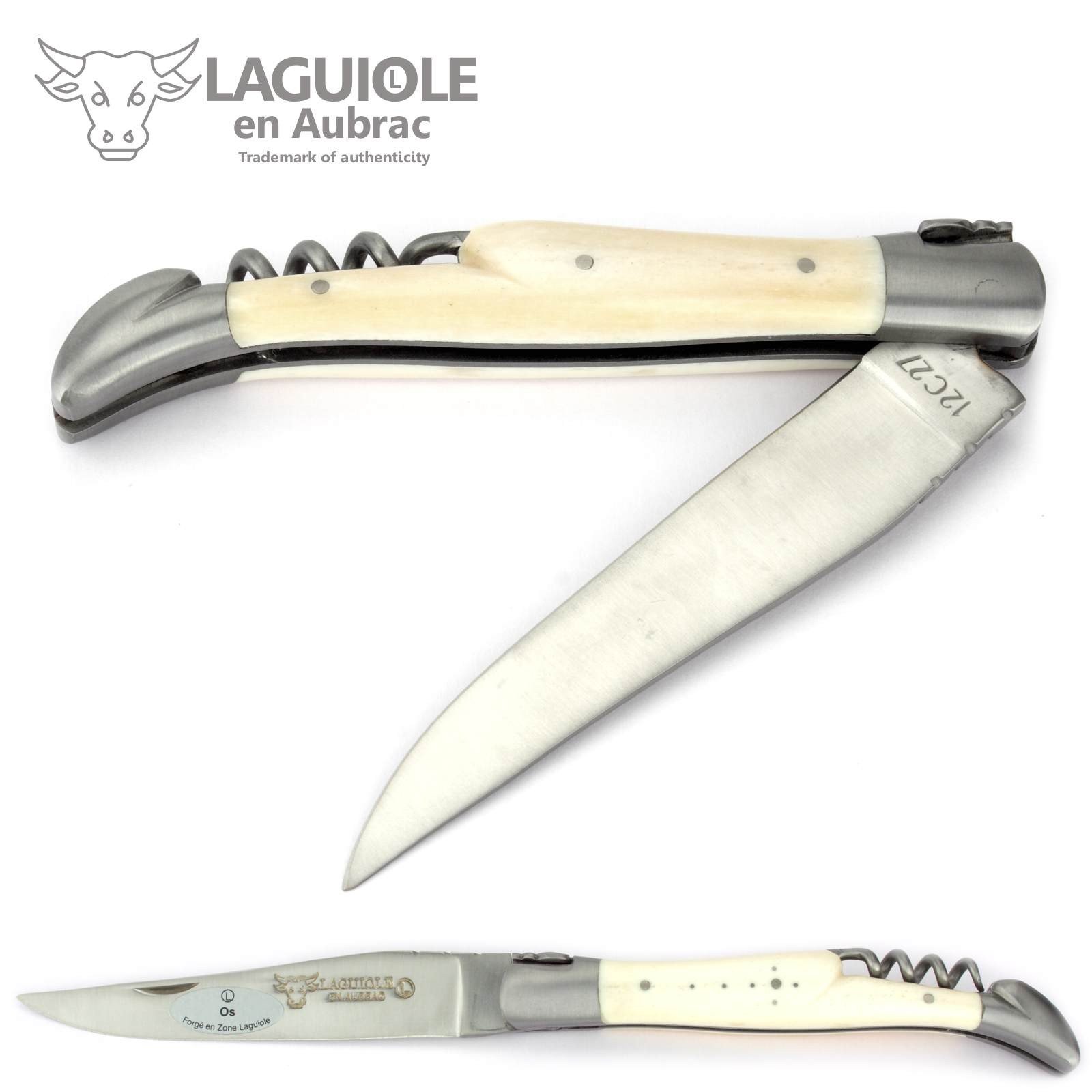 Laguiole En Aubrac Taschenmesser – 12 Cm, Knochen-Griff, 10 Cm Klinge, Mit Korkenzieher, Matt, Handgefertigt