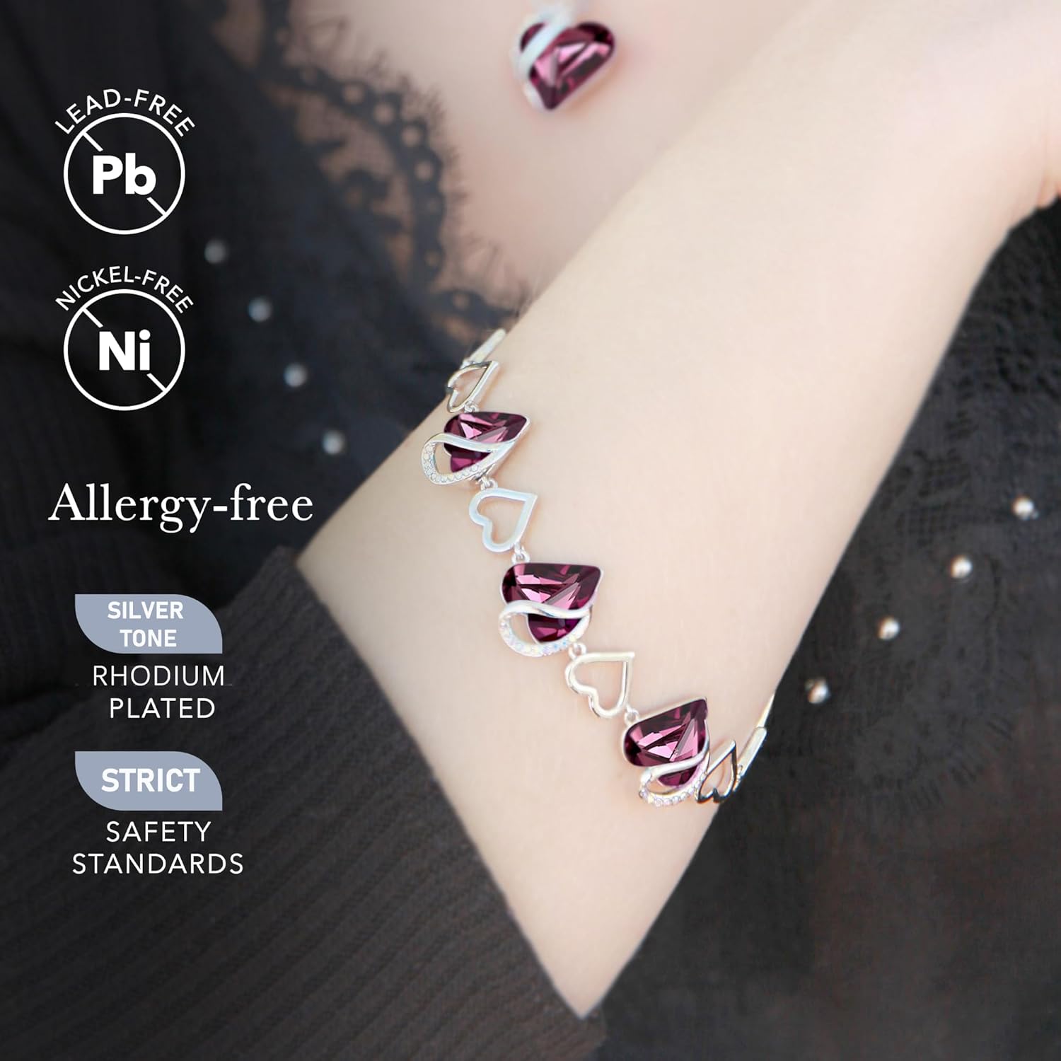 Leafael Infinity Love Heart Link Bracelets, Birthstone or Healing Stone Crystal Bracelet for Women, Silver Tone Jewelry Gifts for Her, 7-inch Chain and 2-inch Extender - Image 3