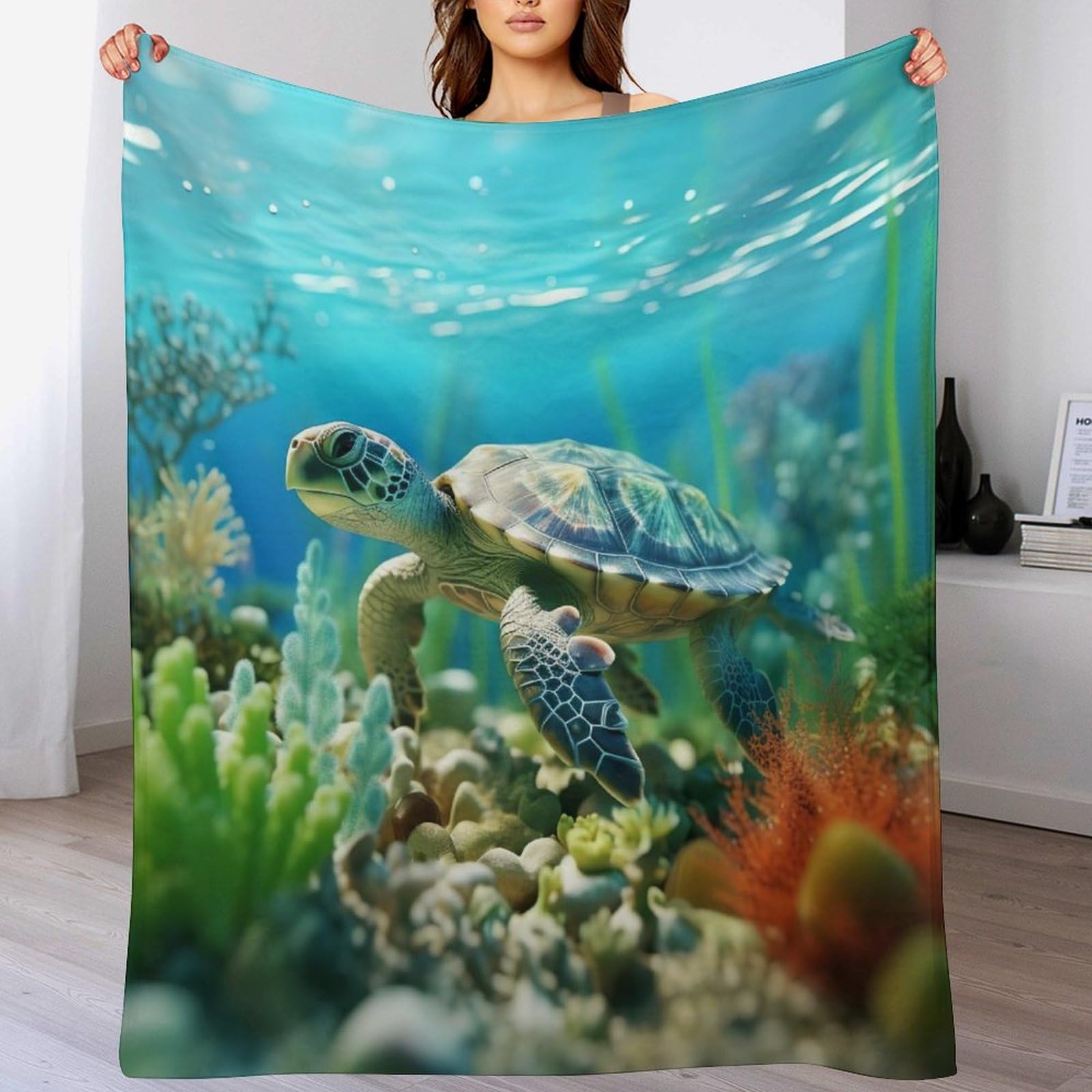 Couverture polaire tortue de mer plaid flannel doux de 100x130 cm pour lit et canapé