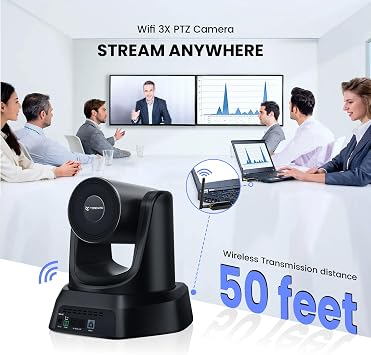 TONGVEO Wireless AI PTZ Camera with Auto-Tracking: Built-in 5.8GHz Receiver for Cable-Free Setup, 1080P 60fps 3X Zoom Conference Camera for Church Services, Online Classes & Hybrid Meetings