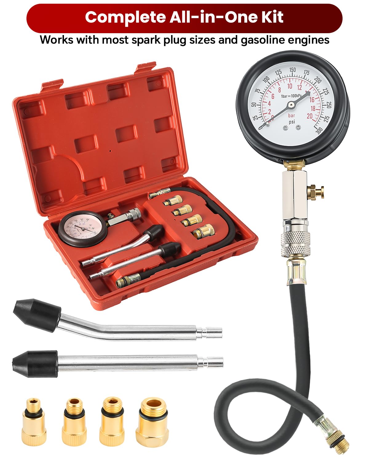 ATPEAM Zestaw testerów kompresji, miernik kompresji silnika, 0-20 bar / 0-300 PSI, tester kompresji z 4 adapterami M10 M12 M14 M18 (czerwony)