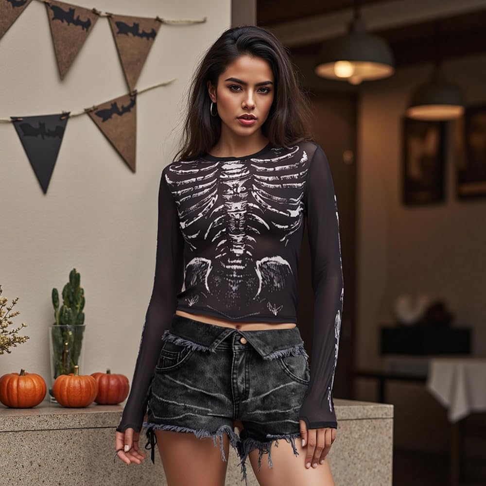Womens Y2k Skeleton Fitted T-Shirt Long Sleeve See Through Mesh