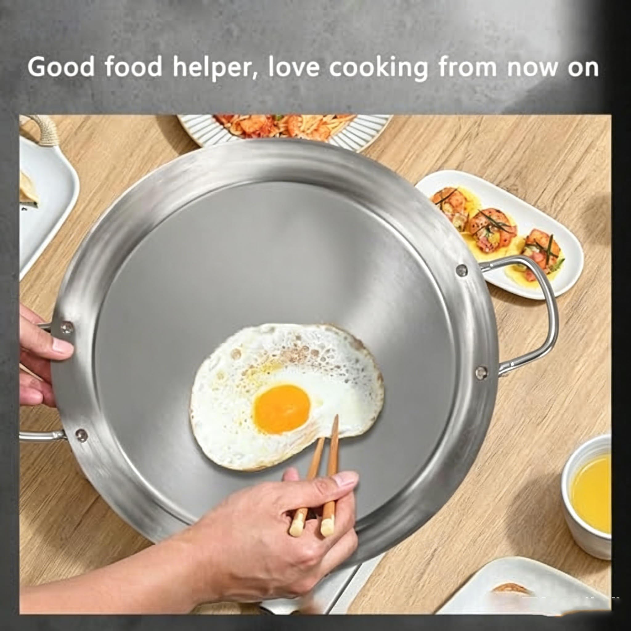 Paellera de acero inoxidable, sartén grande para tortillas con asas remachadas, sartén antiadherente sin revestimiento, utensilios de cocina ideales para uso doméstico y restaurante