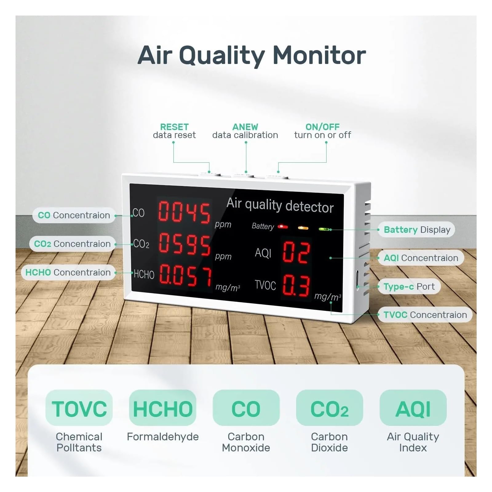 Tester jakości powietrza, Monitor jakości powietrza 5 w 1 Detektor jakości powietrza w domu Tester zanieczyszczeń CO/CO2/HCHO/AQI/TVOC Monitorowanie w czasie rzeczywistym z ekranem LED, Ciesz się kor