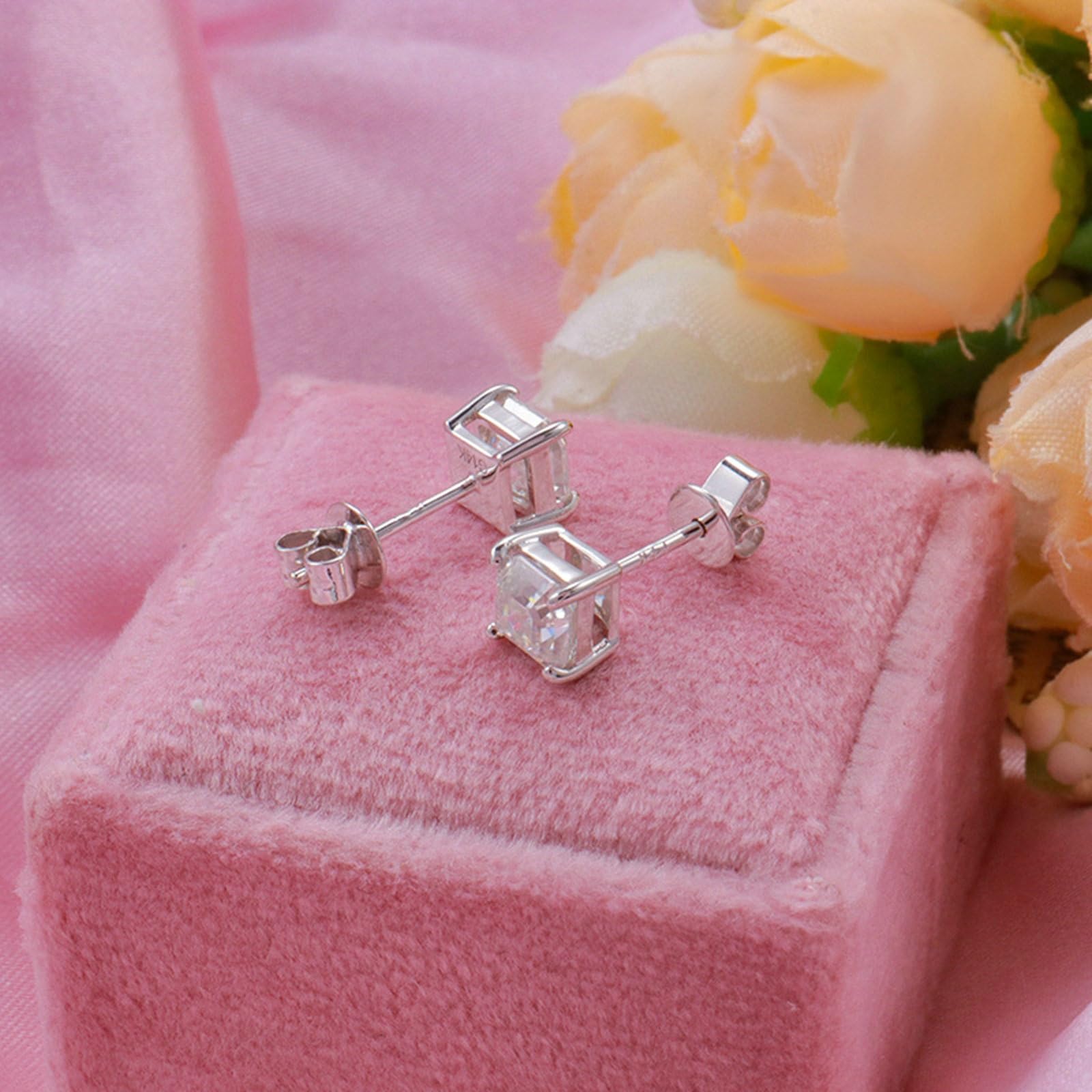 18K Weißgold Ohrringe Lang Gold Hochzeit Asscherschliff Weiß Moissanit Einfach Ohrstecker