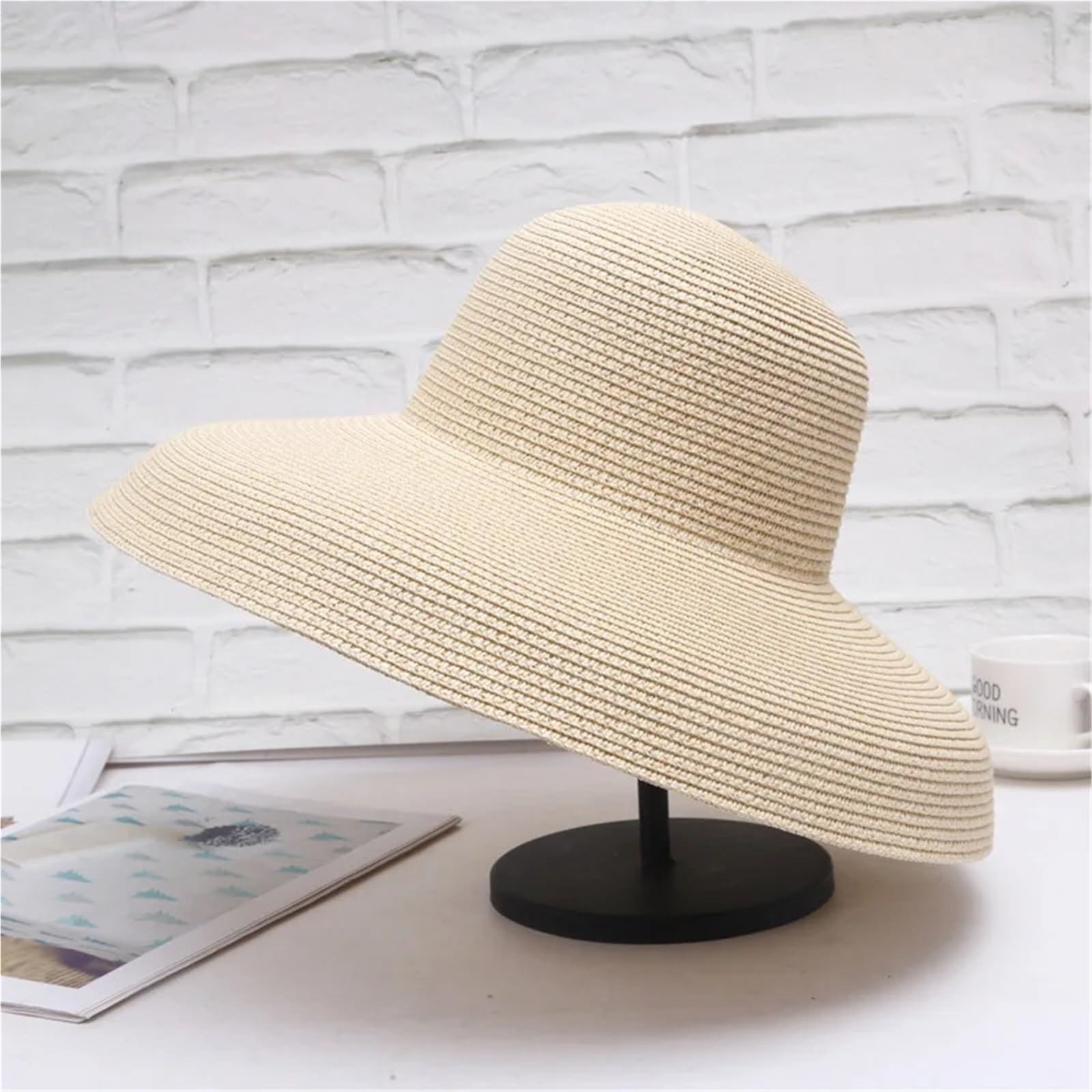 Sombrero de paja de ala ancha vintage para mujer, protección solar de verano, estilo bohemio de moda