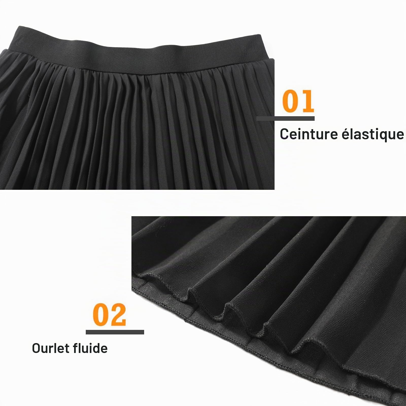 Genfien Femme Jupe Tour de Taille Elastique Casual en Chiffon A Ligne Plissé Midi Jupe avec Doublure