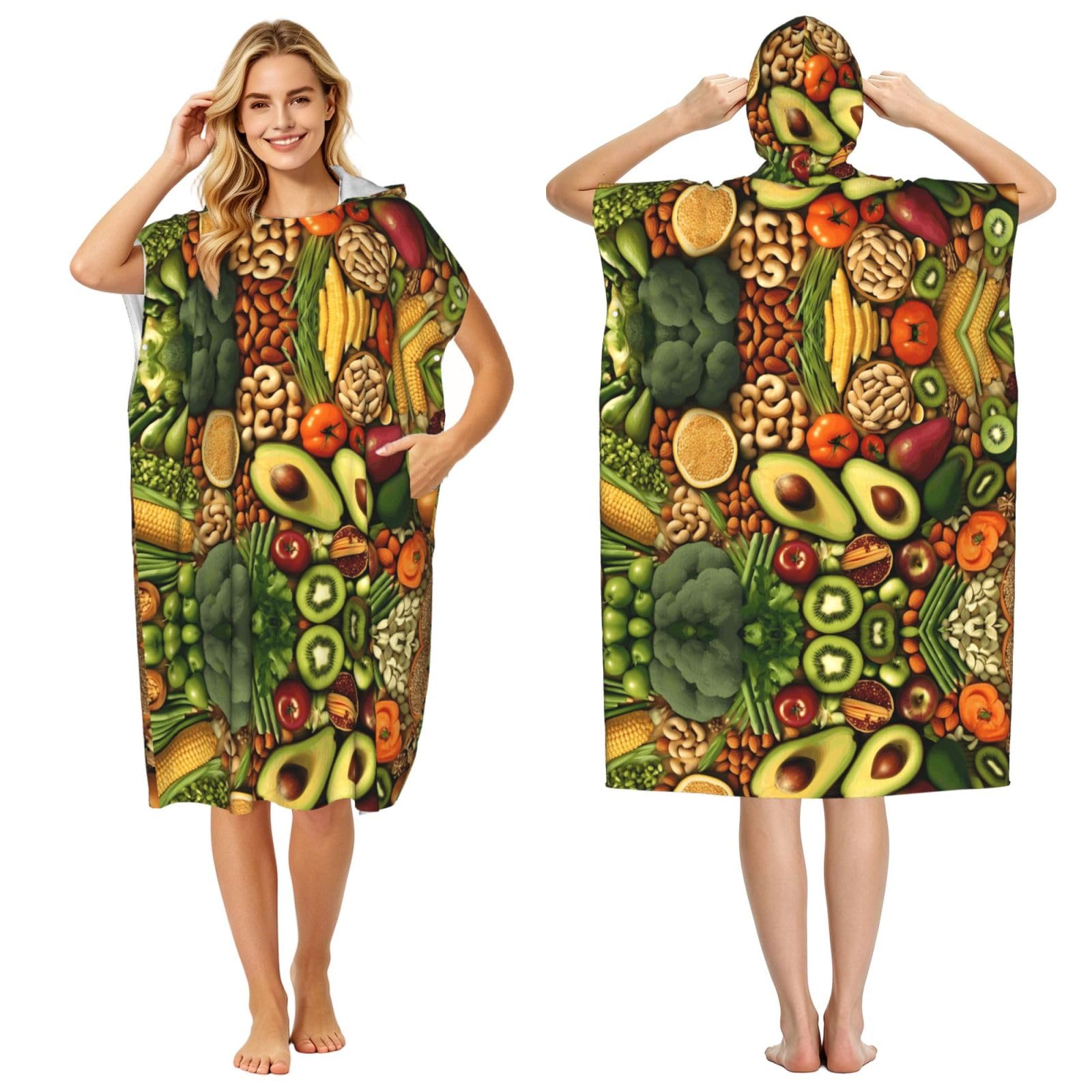 EZDLOWVBA Fresh Vegetables Print Hooded Poncho Microfiber Beach Towel,Adult Women & Men Changing Robe,Lightweight Summer Surf Swim Bath Poncho Towel