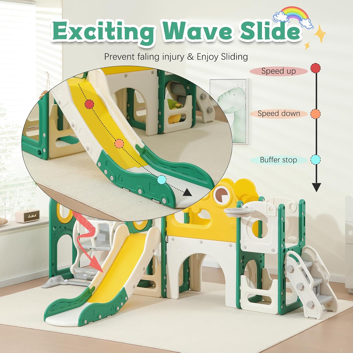 Toddler Slide, 9 in 1 Indoor Foldable Kids Climber for Toddlers Age 1-3, Extra-Long with Basketball Hoop Indoor and Outdoor Baby Climber Playset Playground, Climber Playset with Telescope