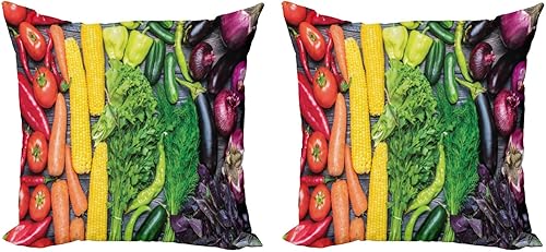 Lunarable Vegetables Decorative Throw Pillow Case Pack of 2, Top View of a Table Full of Fresh Nutrition Pepper Tomatoes Carrots Cucumbers, Couch
