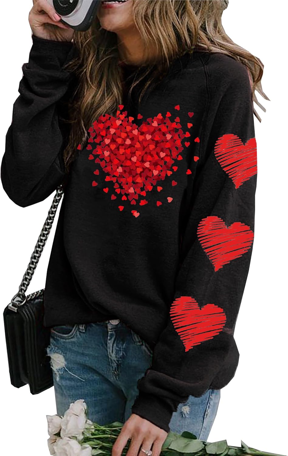 LLHXRUI Valentine's Sweatshirt for Women Cute Heart Love Shirt Graphic Tees Raglan Long Sleeve Pullover Tops