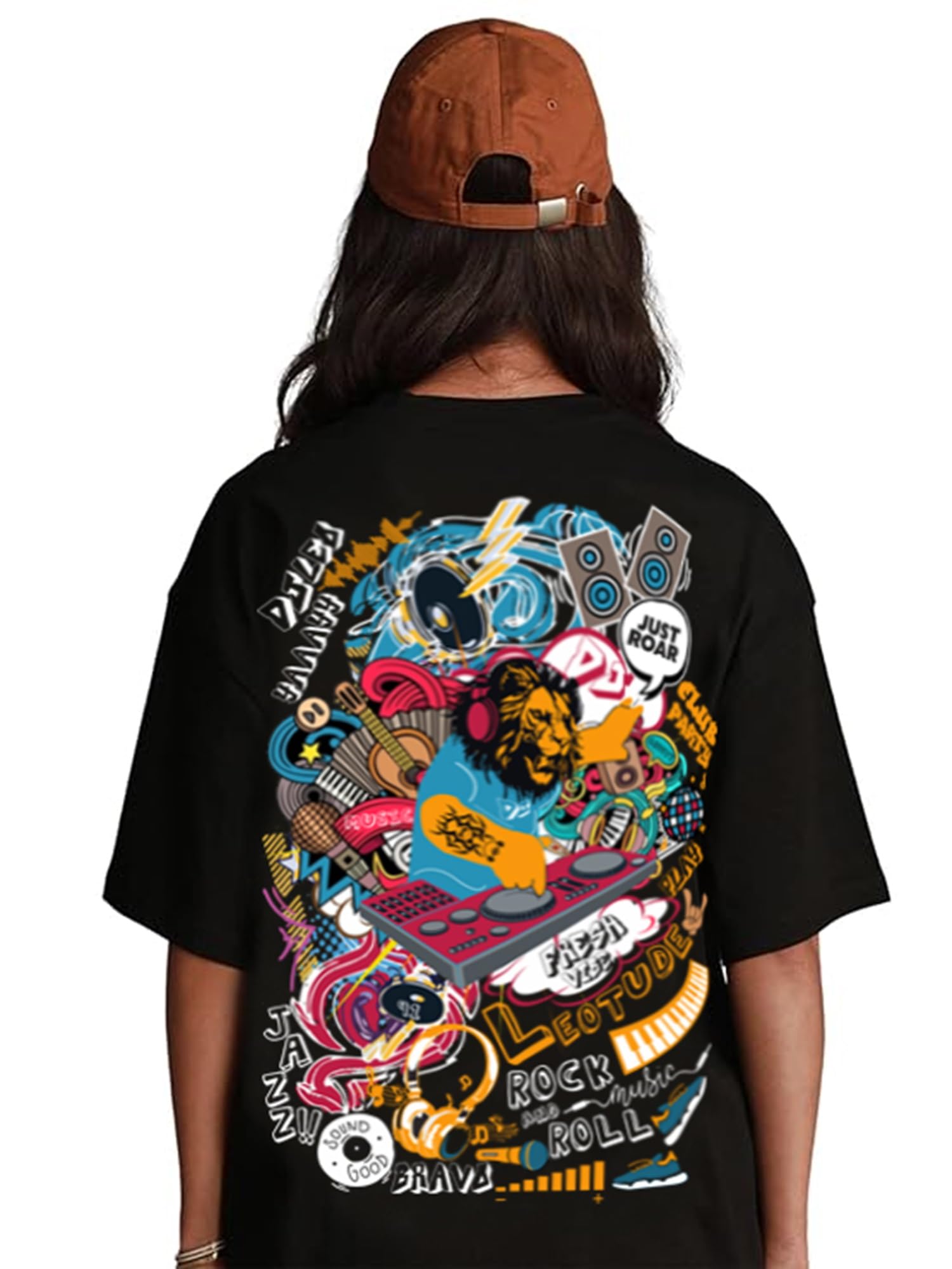leotude Women's Short Sleeve with Round Neck, Oversized Longline Drop Shoulder, Back Printed T-Shirt (Color Black)-picture-55
