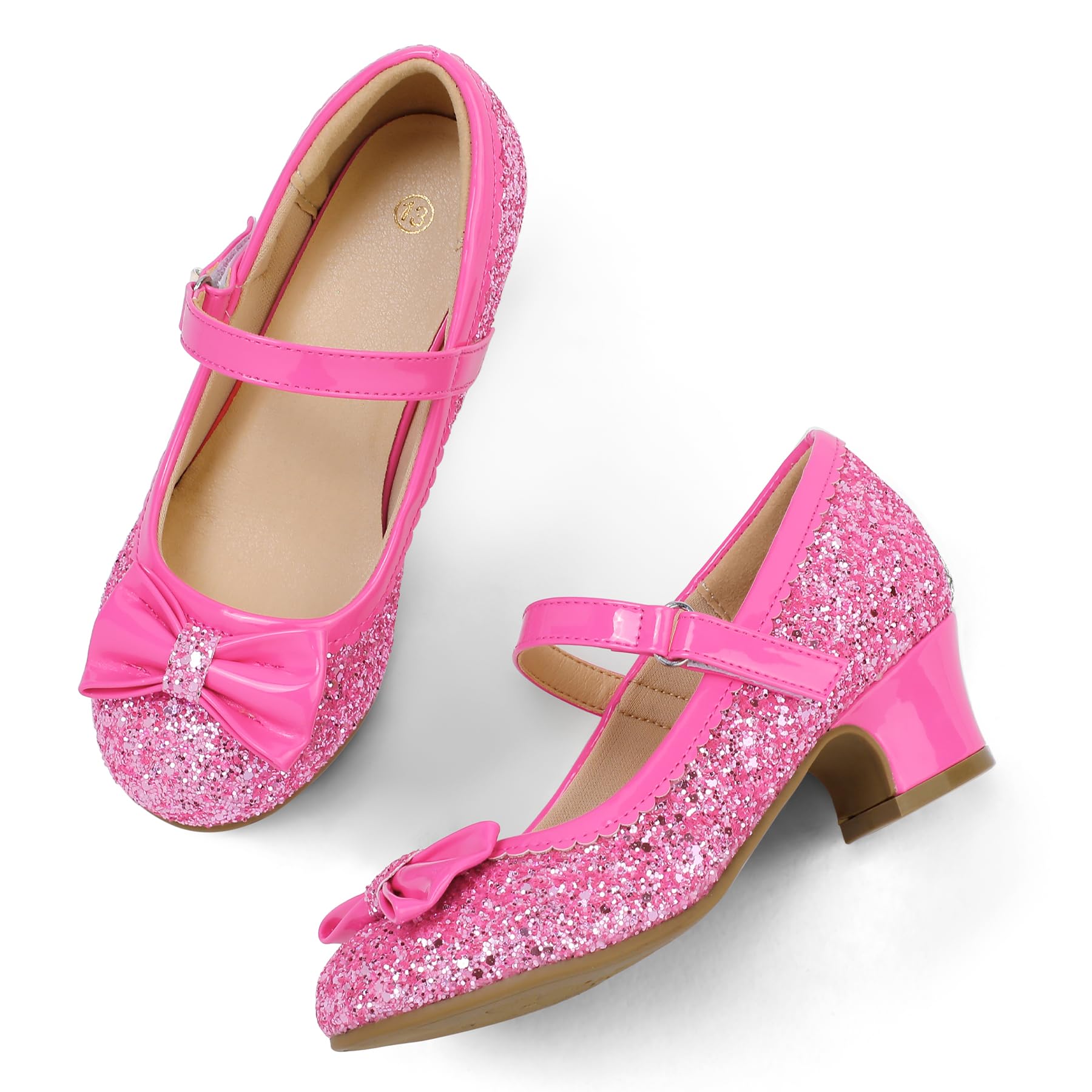 K KomForme Girl's Dress Shoes Mary Jane Glitter 1.5 in Low Heel Wedding Party Princess Shoes for Toddler/Little/Big Kids Candy Pink