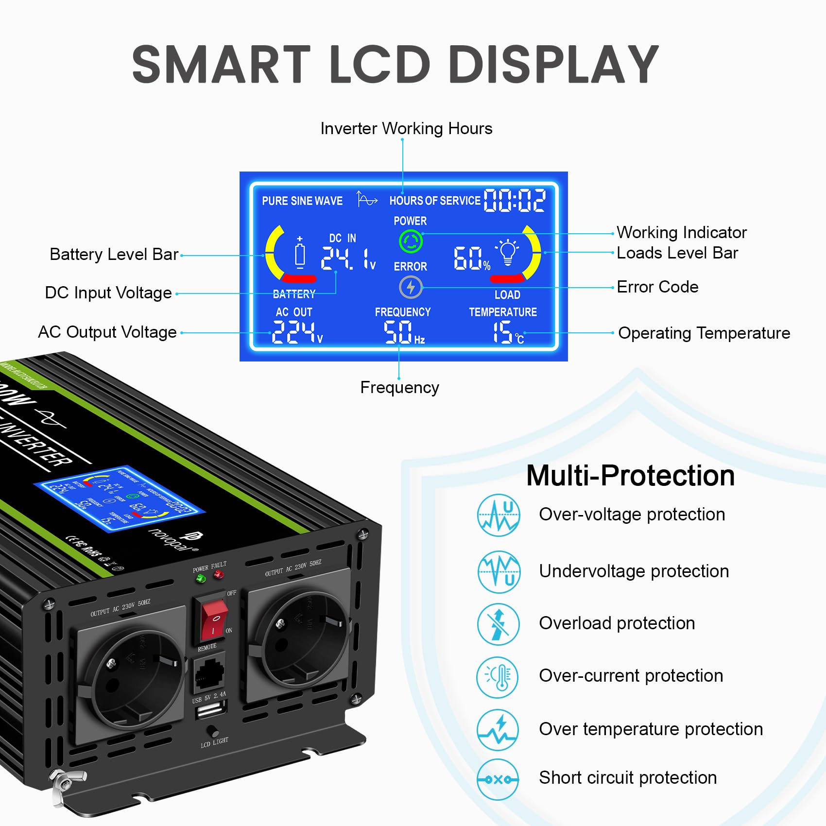 NOVOPAL Convertisseur Pur Sinus 3000W- Onduleur Convertisseur 24V 220V 230V avec télécommande et Dual AC Prises et écran LCD,pour Voiture, Caravane, Bateau, Camping, Voyage