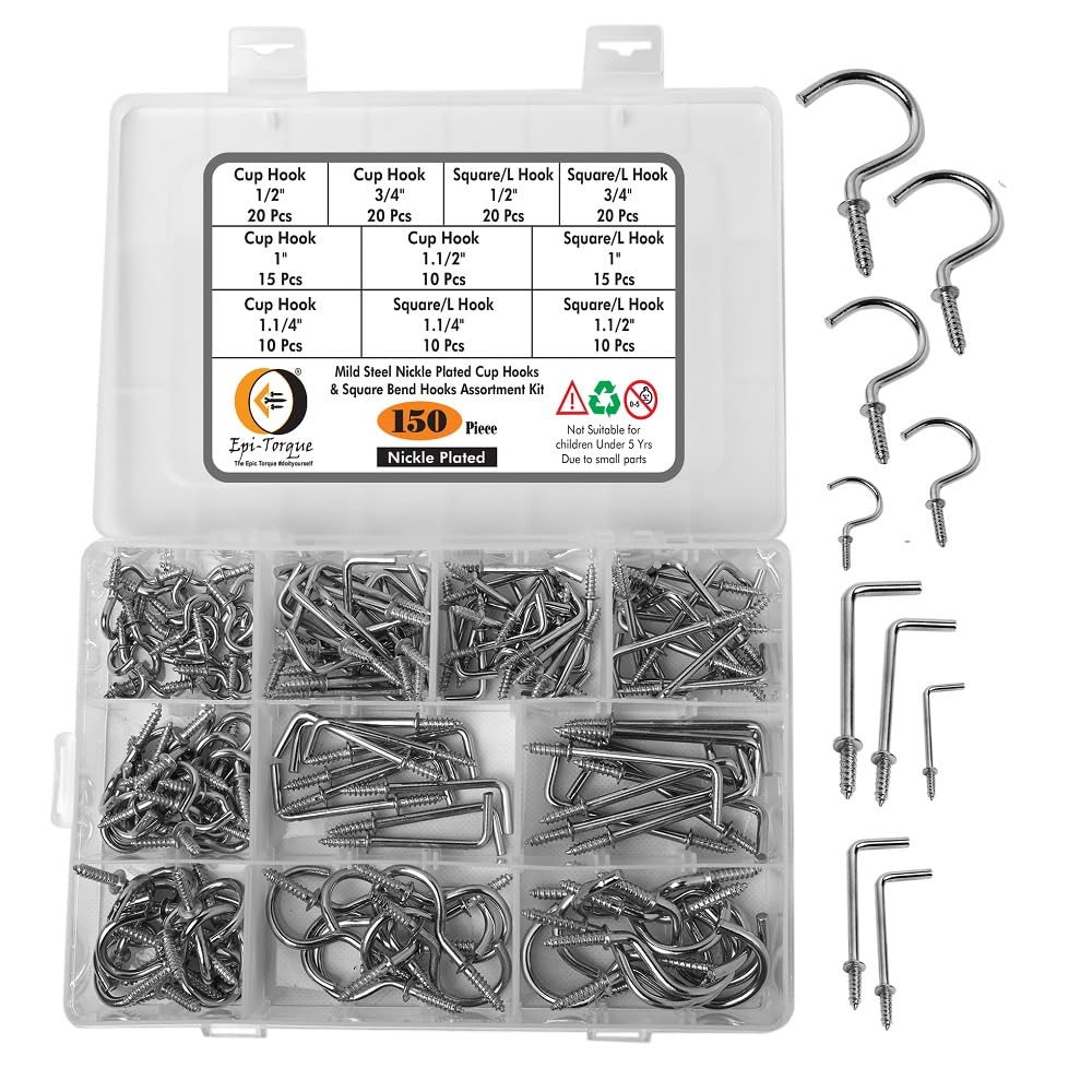Epi-Torque 150-Pieces Nickle Plated Screw-in Ceiling Cups Hooks & Square Bend Hooks Assortment Set Kit for Hanging-image-34