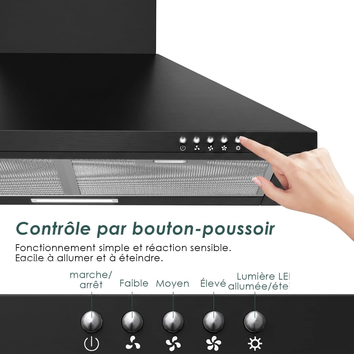 Hotte Aspirante 60cm Classe A, Hotte Cuisine 350m³/h,Évacuation ou Recyclage,Filtre au Charbon Inclus,Hotte Murale,Noir