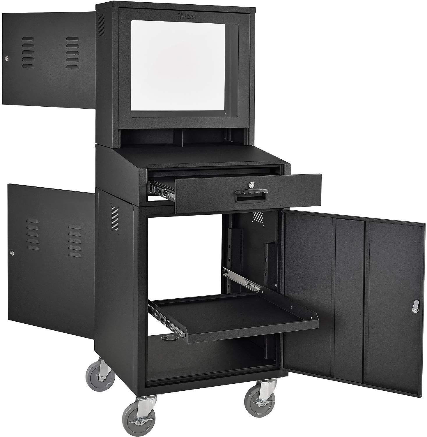 Global Industrial Mobile Security LCD Computer Cabinet Enclosure for 24" Diagonal Monitors, Steel Construction, Black Powder Coat Finish, 24-1/2"W x 22-1/2"D x 62-3/4"H