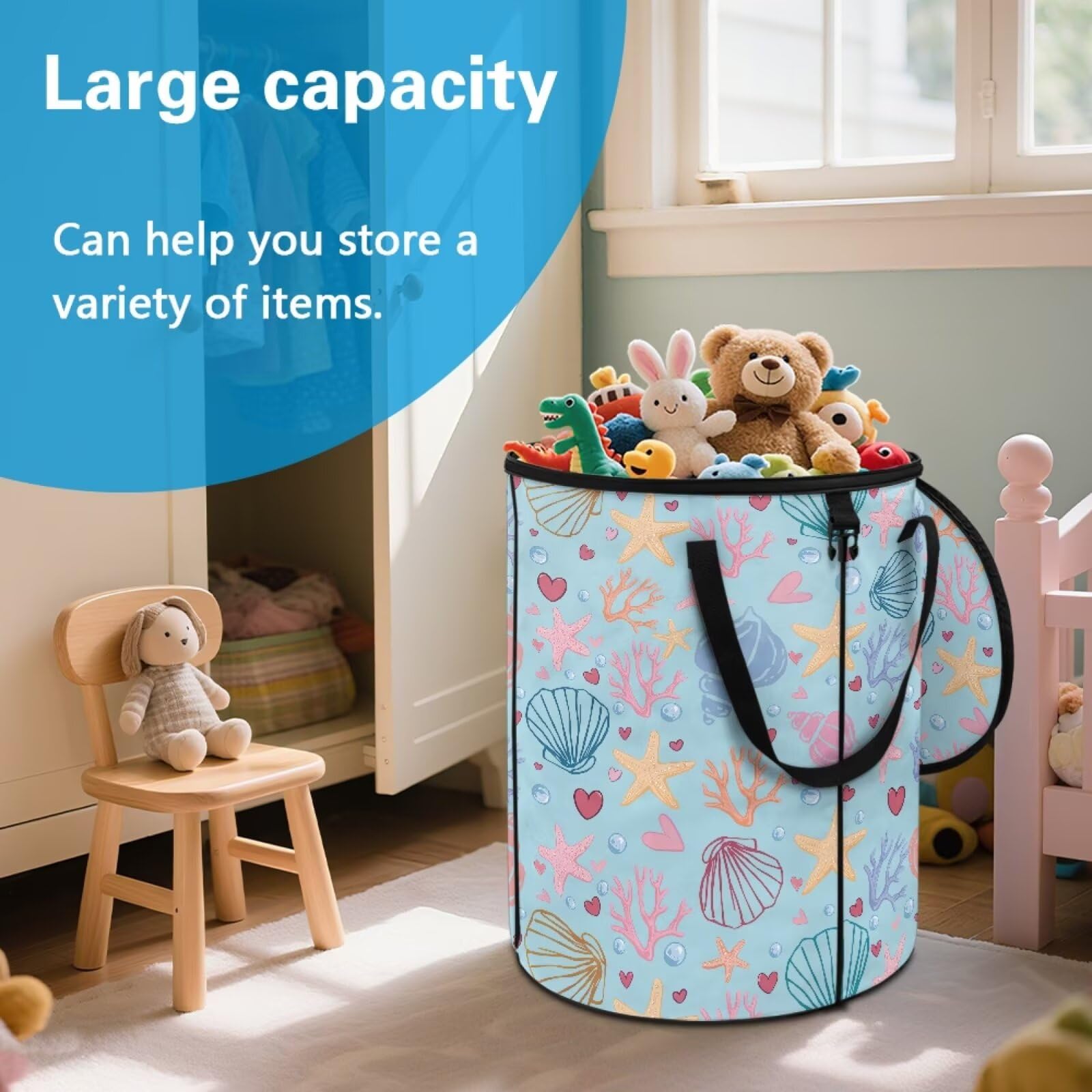 BIGCARJOB Beach Starfish Shells Collapsible Trash Can Portable Tall Trash Can Oval Recycling Bin 22.83x17.71 Outside Garbage Bin Storage Bag with Clip and Zipper Lid