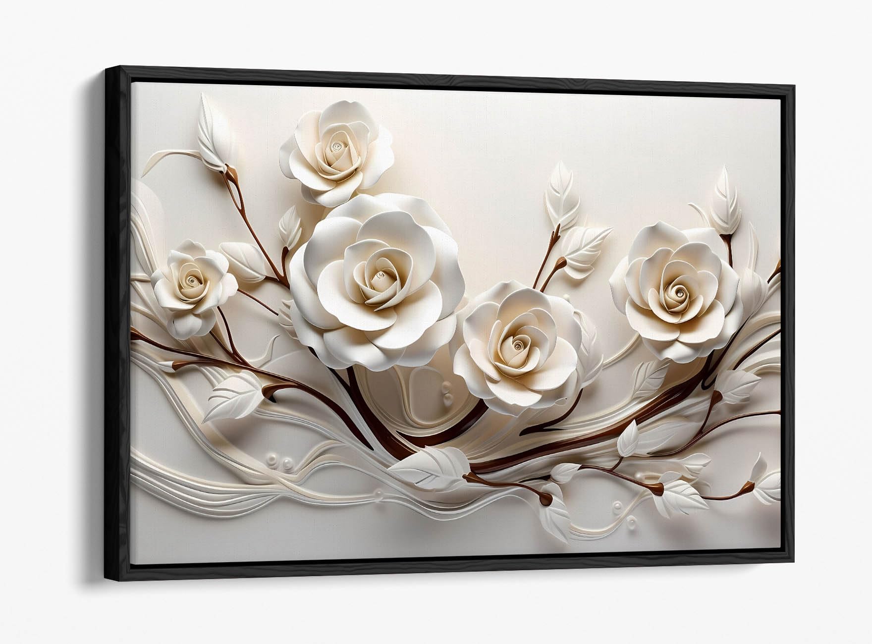 Toile roses blanches d'exception grand format encadré de noir mat - 3