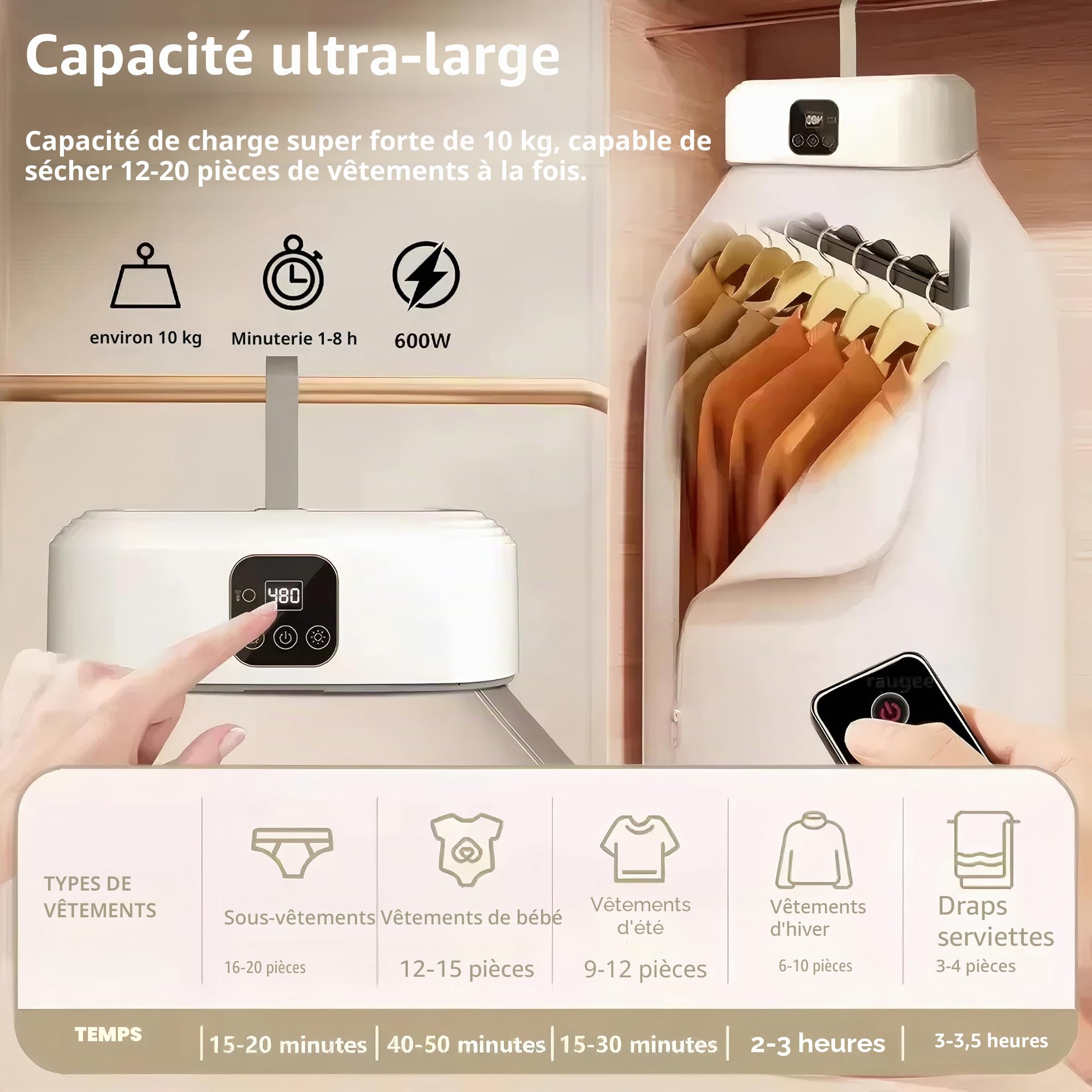 Sèche-Linge Électrique Portable 600 W Pompe de Chaleur Pliable avec Minuterie