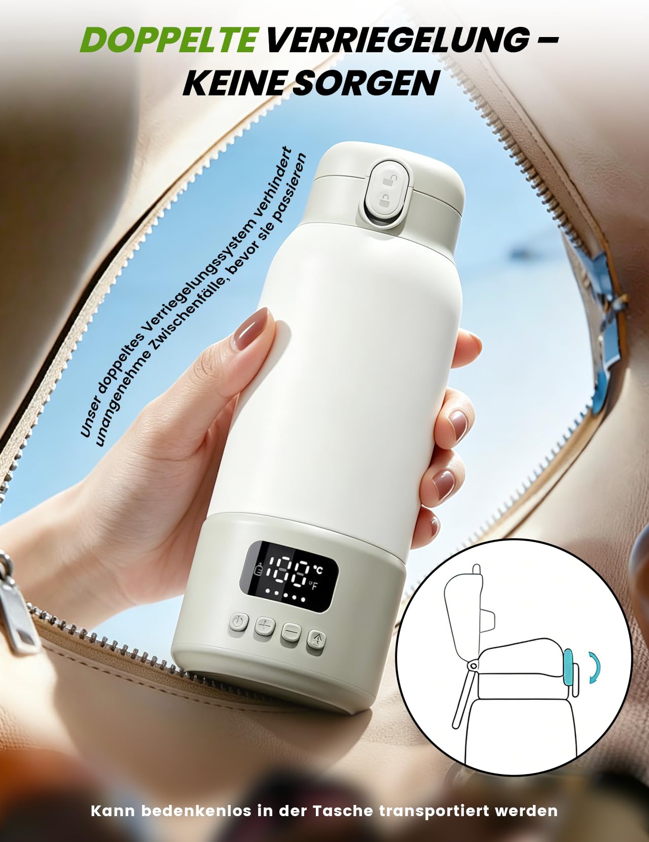 Tragbarer Flaschenwärmer, 500ml Babyflaschenwärmer Flaschenwärmer | Baby Unterwegs 32-37 °C konstante Temperatur Einstellbar mit LED-Anzeige für Reisen Nachtfütterung