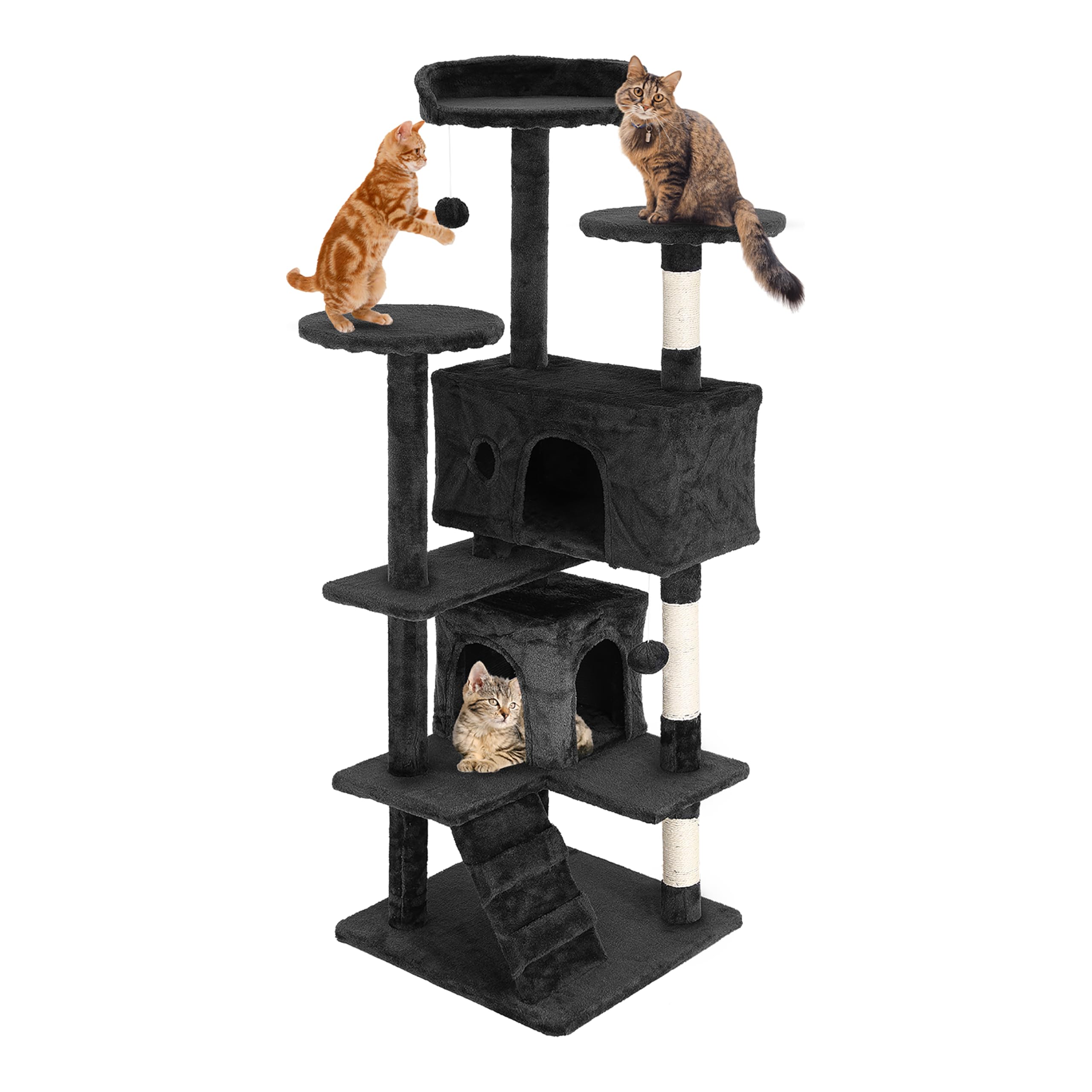 24/7 Shop at Home Court 54 inch Multi-Level Cute Cat Tree Tower with Dangling Ball and Scratching Posts for Indoor Cats Adults, Kitten Supplies, Pet