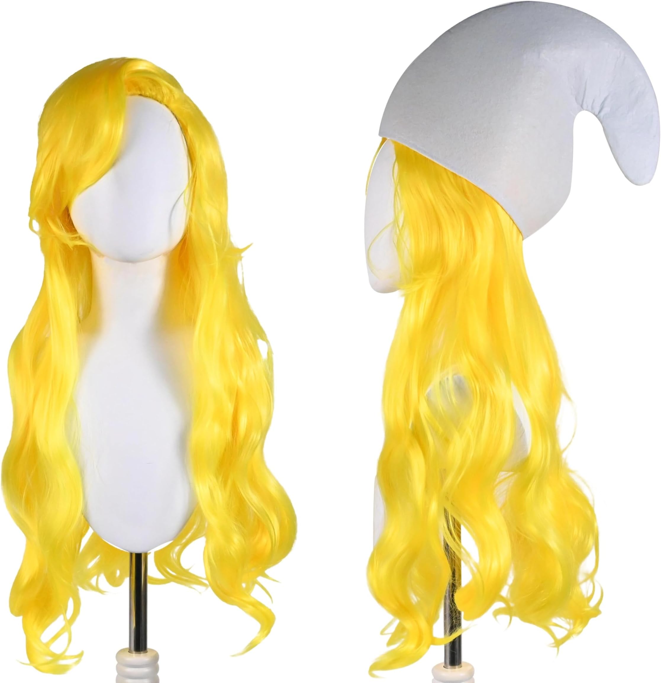 Women Long Yellow Wavy Wig Fluffy Curly Anime Cosplay Hair with Bangs for Funny Halloween Costume Party+White Gnome Hat