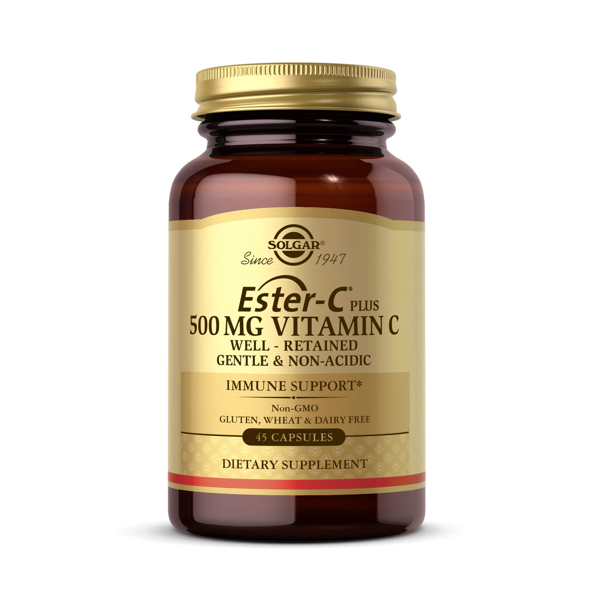 Solgar Ester-C Plus 500 mg Vitamin C with Citrus Bioflavonoids - 45 Capsules - Gentle & Non Acidic, Well Retained - 24-Hour Immune Support - Non-GMO, Gluten Free - 45 Servings