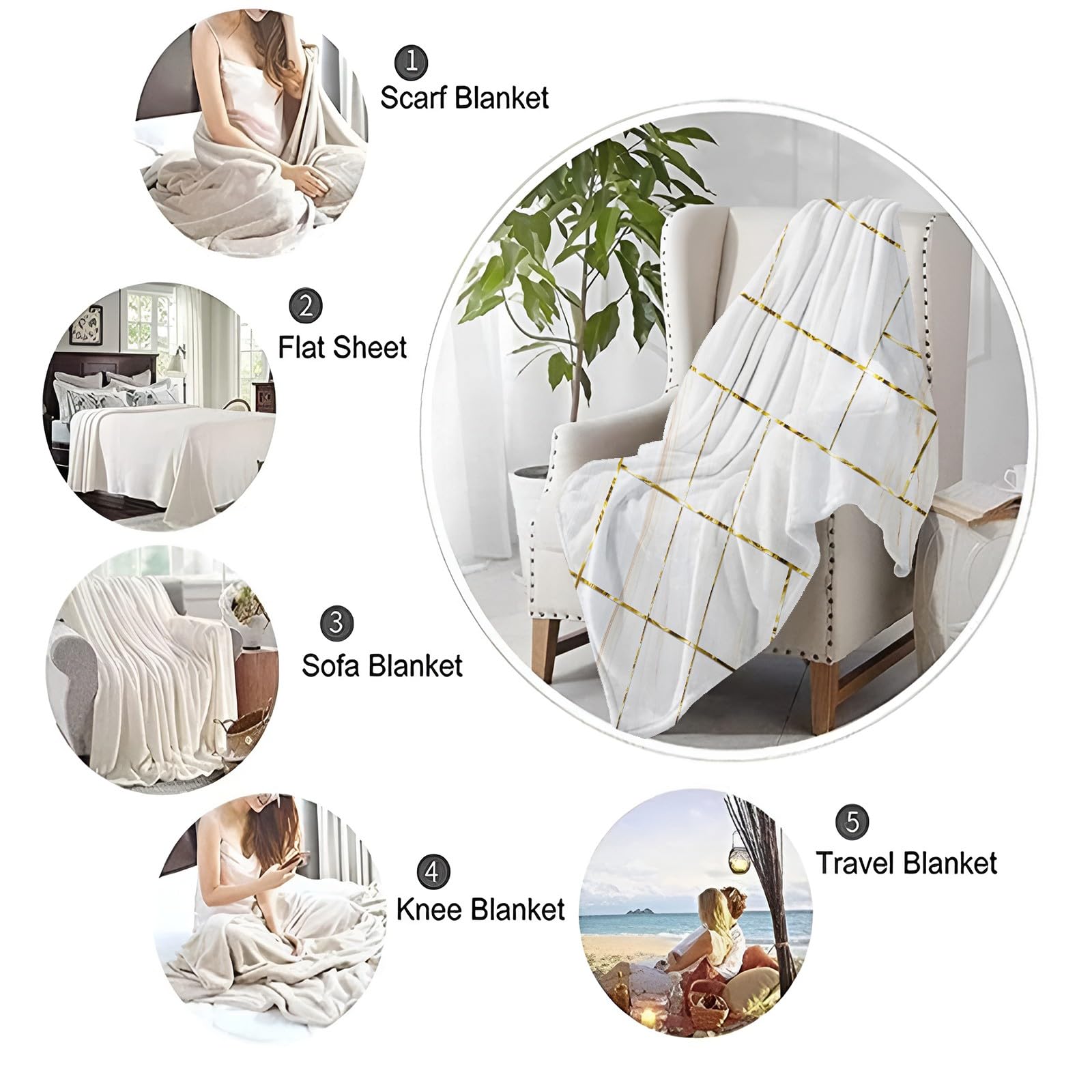 Coperta Plaid in Flanella di Pile Trama di marmo 150x200 cm Super Morbida e Calda Coperta in Microfibra Letto Matrimoniale Singolo, Coperte per Bambina Bambino Regalo - Bianco