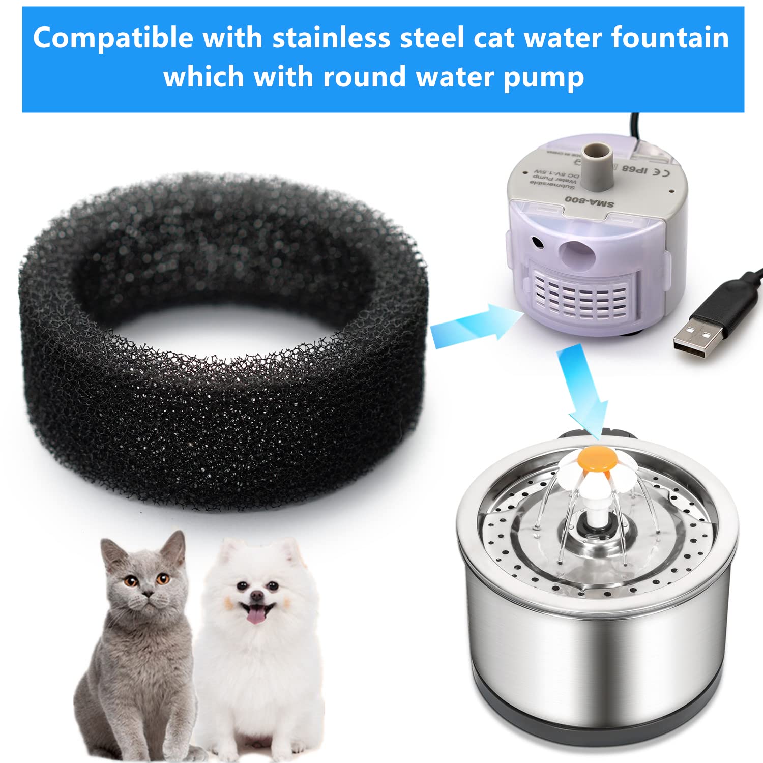 16PCS Pet Water Fountain Filter Sponge Replacement for 2.5 L/84 oz 2.2 L/ 74 oz Stainless Steel Cat Fountains, Black Round Filter Foam for Stainless Steel Cat Drink Fountains
