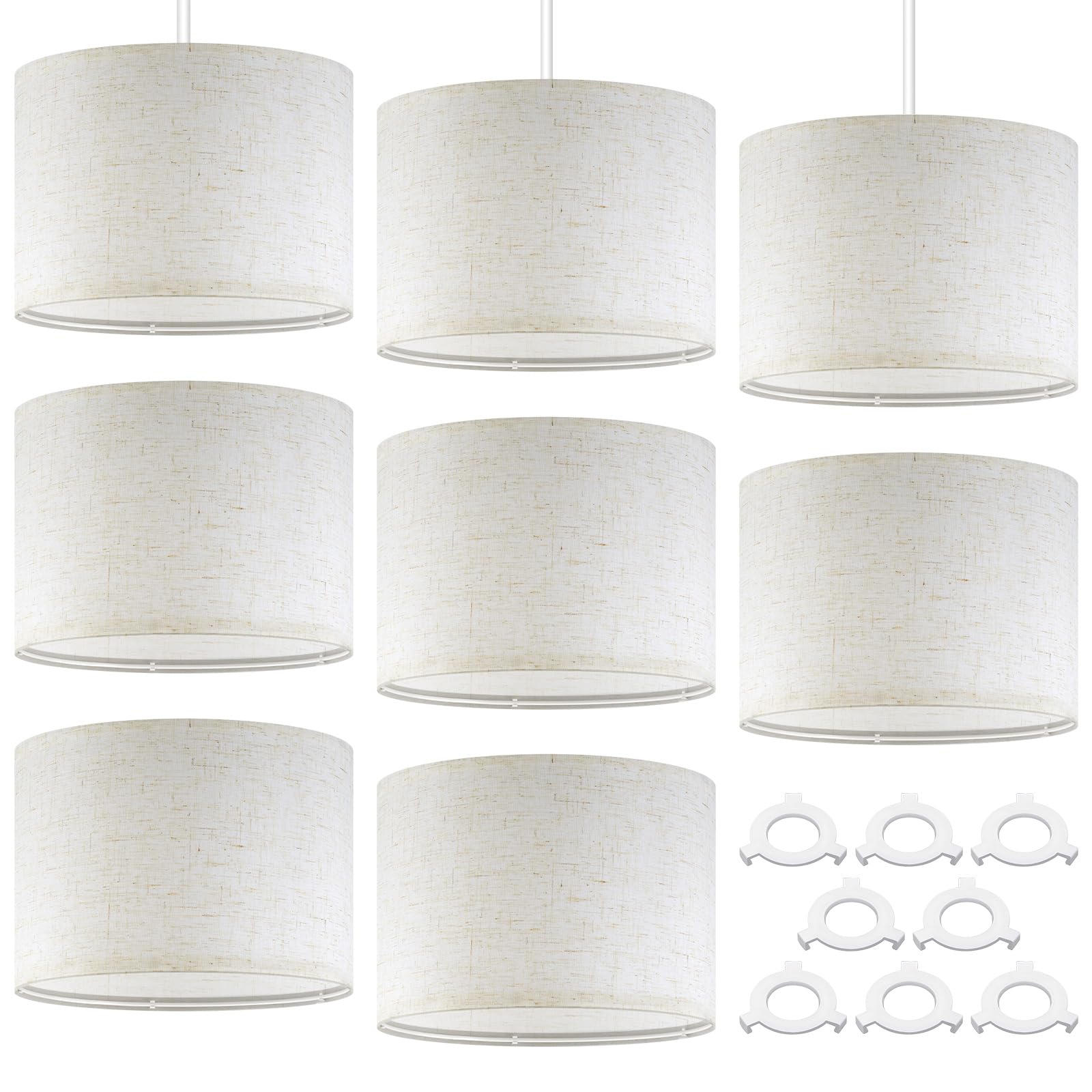 Weewooday 8 Pcs Fabric Lampshade for Ceiling Lights Pendant Modern Drum Lamp Shades for Table Floor Bedroom with E27 to E14 Adapter Ring (Light Flaxen,10 Inch)