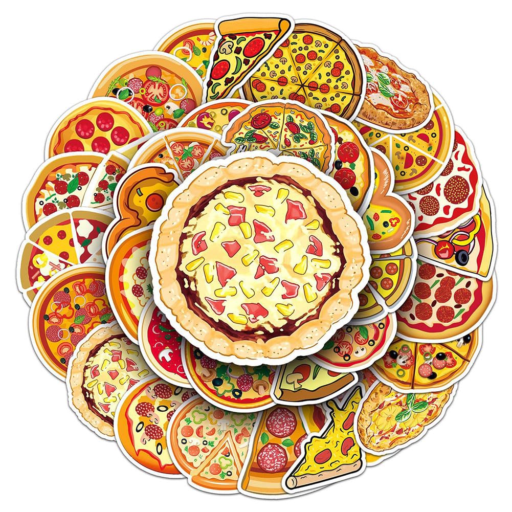 50Pcs Pizza Waterproof Vinyl Stickers Decals for Water Bottles Laptop Luggage Cup Mobile Phone Computer Skateboard Refrigerator Wardrobe Guitar Car Motorcycle Bike