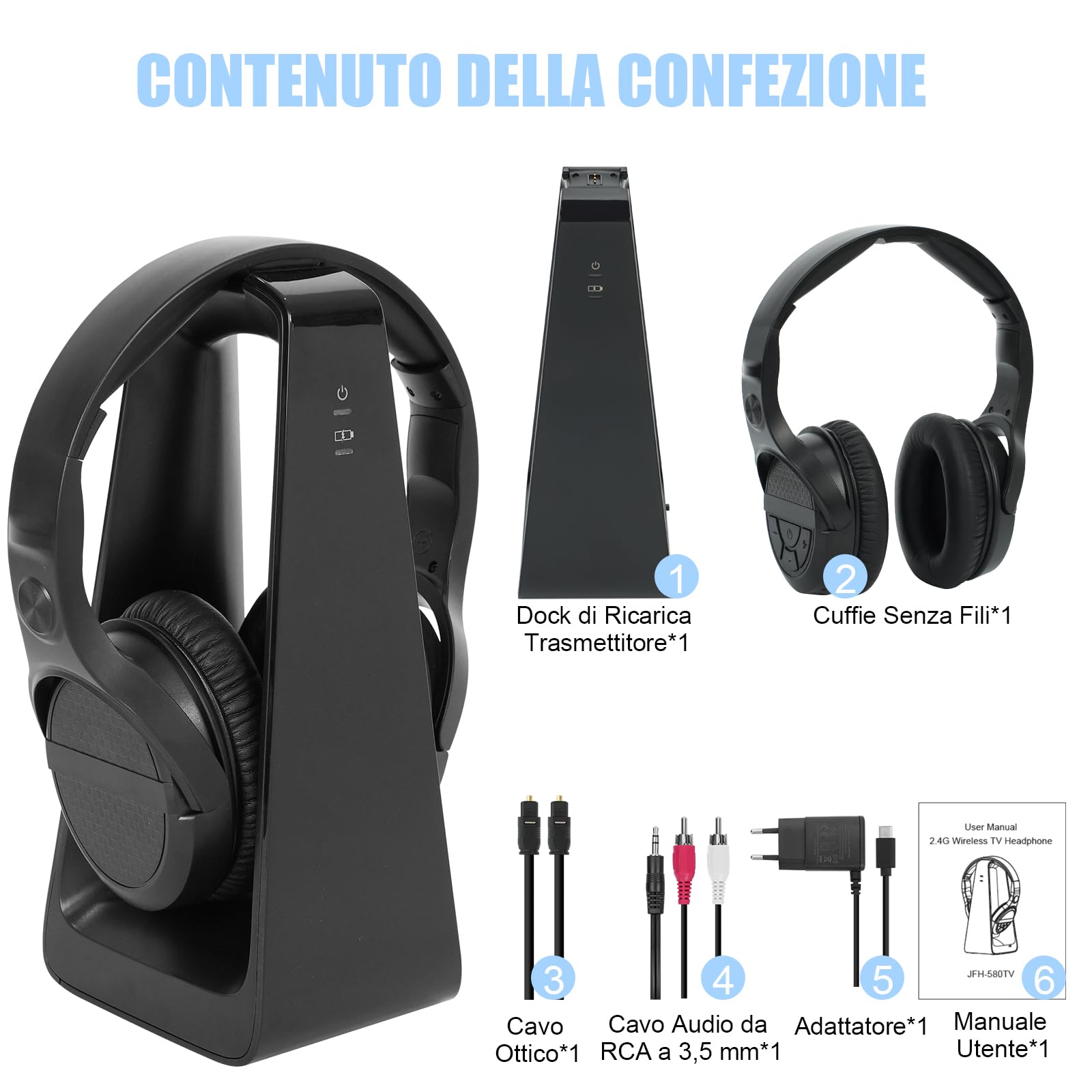 Cuffie per Anziani con Pulsanti Grandi, Cuffie TV Senza Fili con Stazione di Ricarica Trasmettitore 2.4G, Auricolari Bluetooth 5.3, Comodo e Facile da Usare per Gli Anziani, Qualità Audio Hi-Fi, Nero