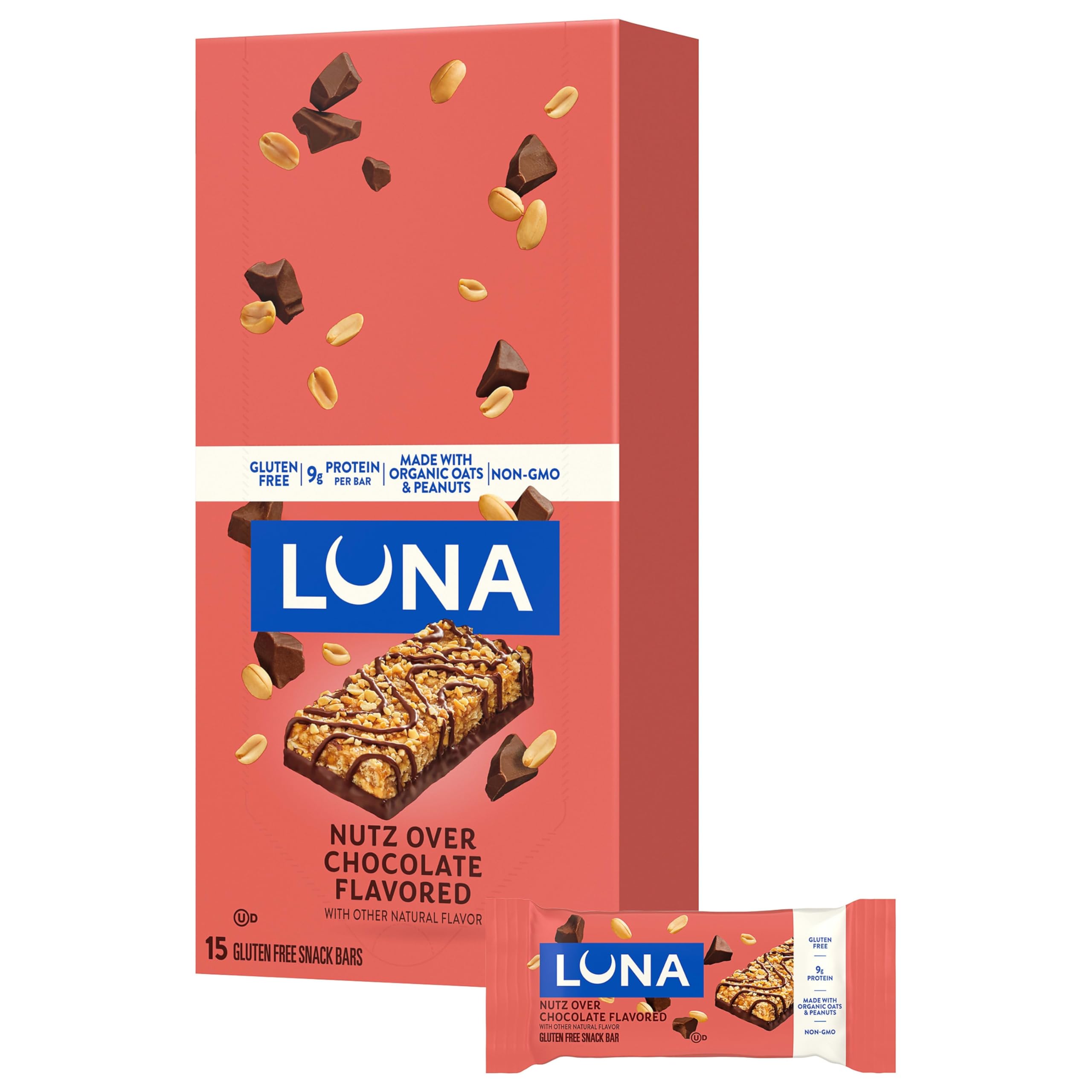 LUNA Bar - Nutz Over Chocolate Flavor - Gluten-Free - Non-GMO - 7-9g Protein - Made with Organic Oats - Low Glycemic - Whole Nutrition Snack Bars - 1.69 oz. (15 Count)