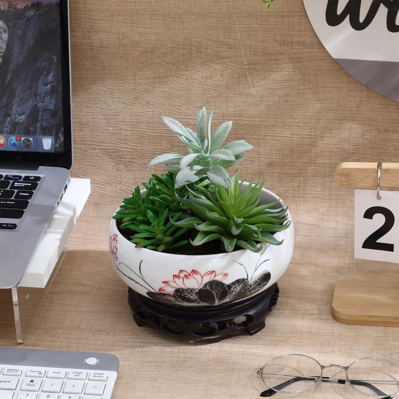 YARNOW Ceramic Lotus Bowl Cactus Bowl Planter Ceramic Water Lily with Stand for Home Office Garden