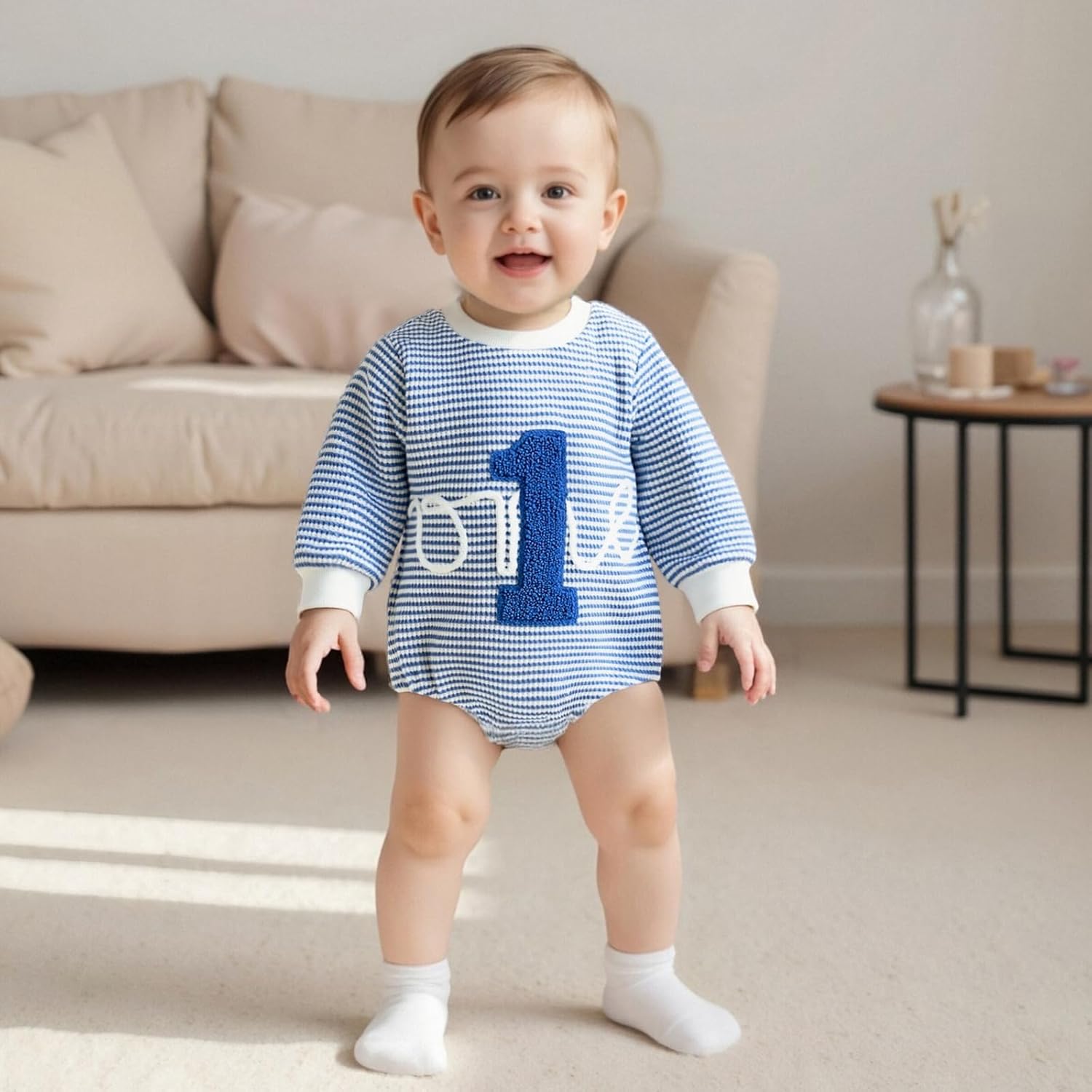 VISGOGO Baby Boy Girl 1st Birthday Outfit One Birthday Embroidery Waffle Romper Sleeveless Oversized Jumpsuit One Year Old - Image 2