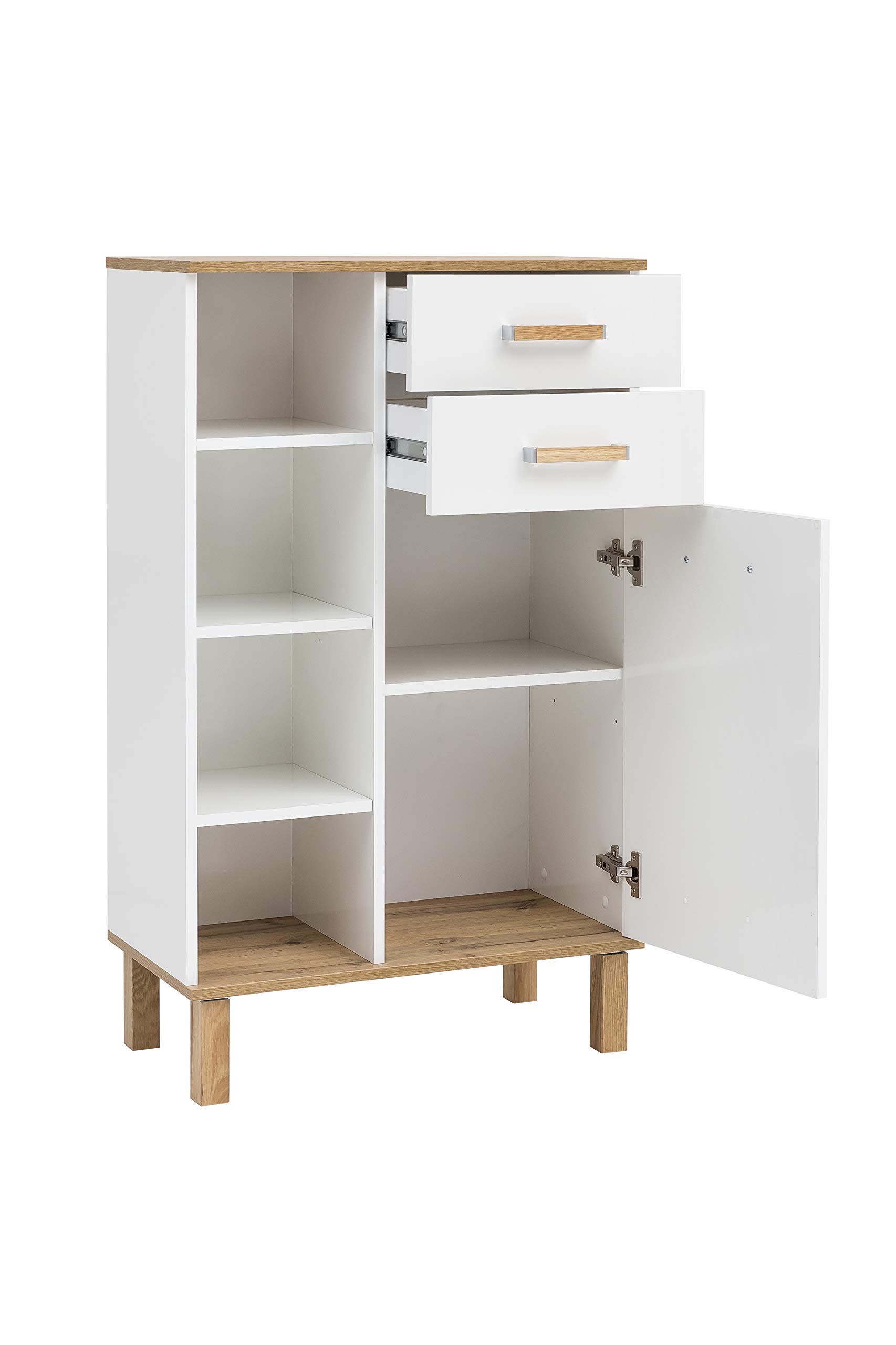 Schildmeyer Highboard Padua 142177, weiß Glanz/Eiche Landhaus Dekor, 67,0 x 35,0 x 114,5 cm