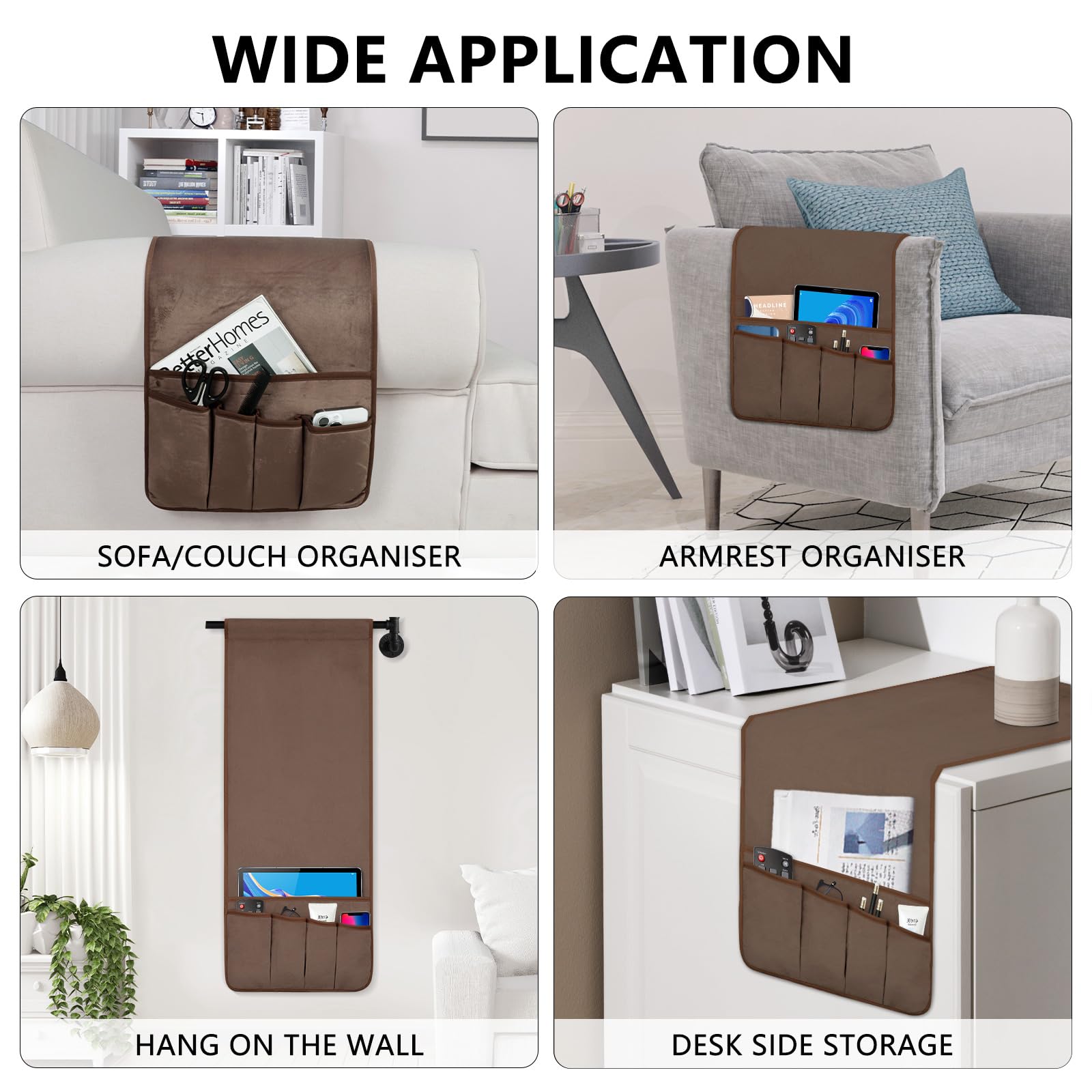 Couch armrest organizer keeping everyday items within reach