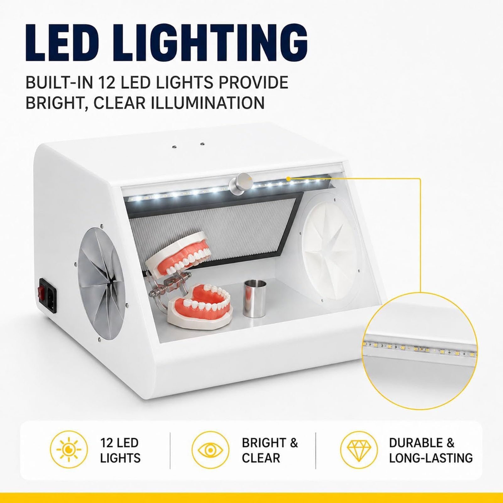 Sprzęt do dmuchania piasku do laboratoriów dentystycznych, oświetlenia LED | Podwójny system filtracji, jasne oświetlenie z 12 diodami LED, do laboratoriów dentystycznych, polerowania biżuterii