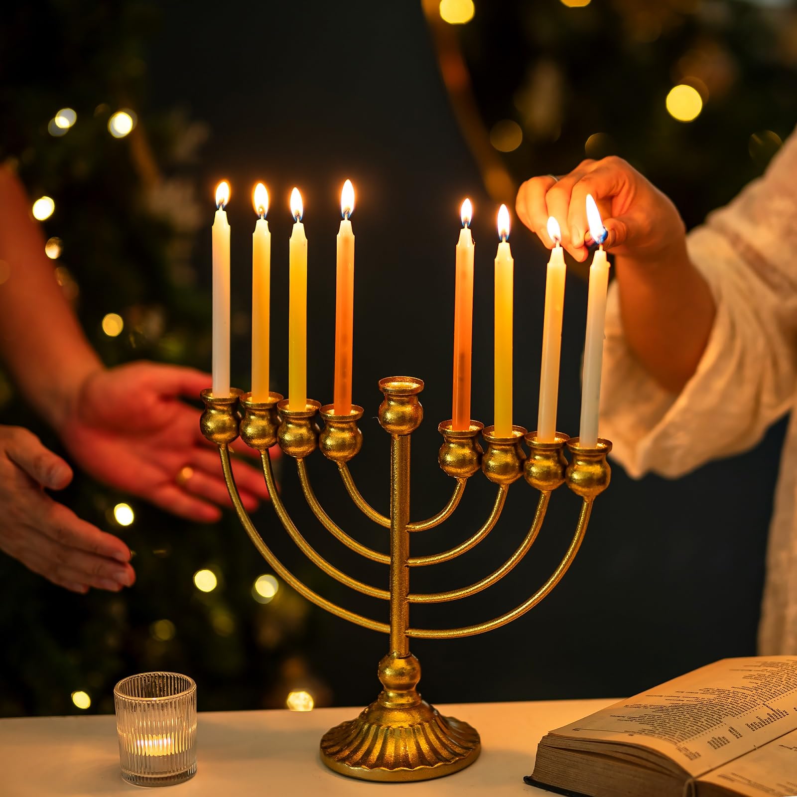 Sziqiqi Świecznik Menora Chanuka: 9 gałęzi menory 26 cm wysokości na świece Chanuka, złoty żydowski świecznik na świecznik na stół Hannukah