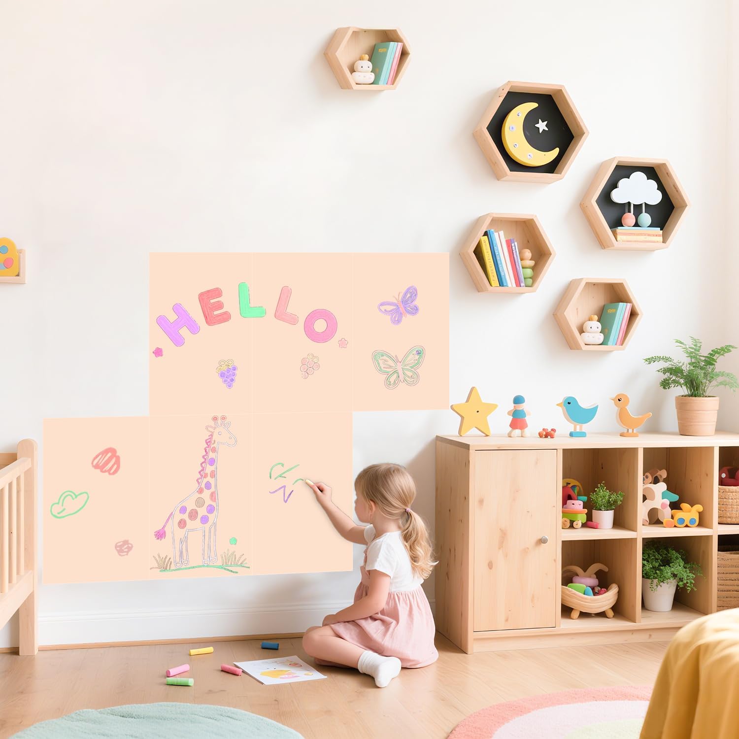 Magnetic Decal Wall for Kids Set of 6 Milk Tea Magnetic Chalkboard for Wall Peel and Stick Magnet Sheets with Chalk Tangram Puzzle and Multiple Accessories Magnetic Wall Decal for Playroom Home