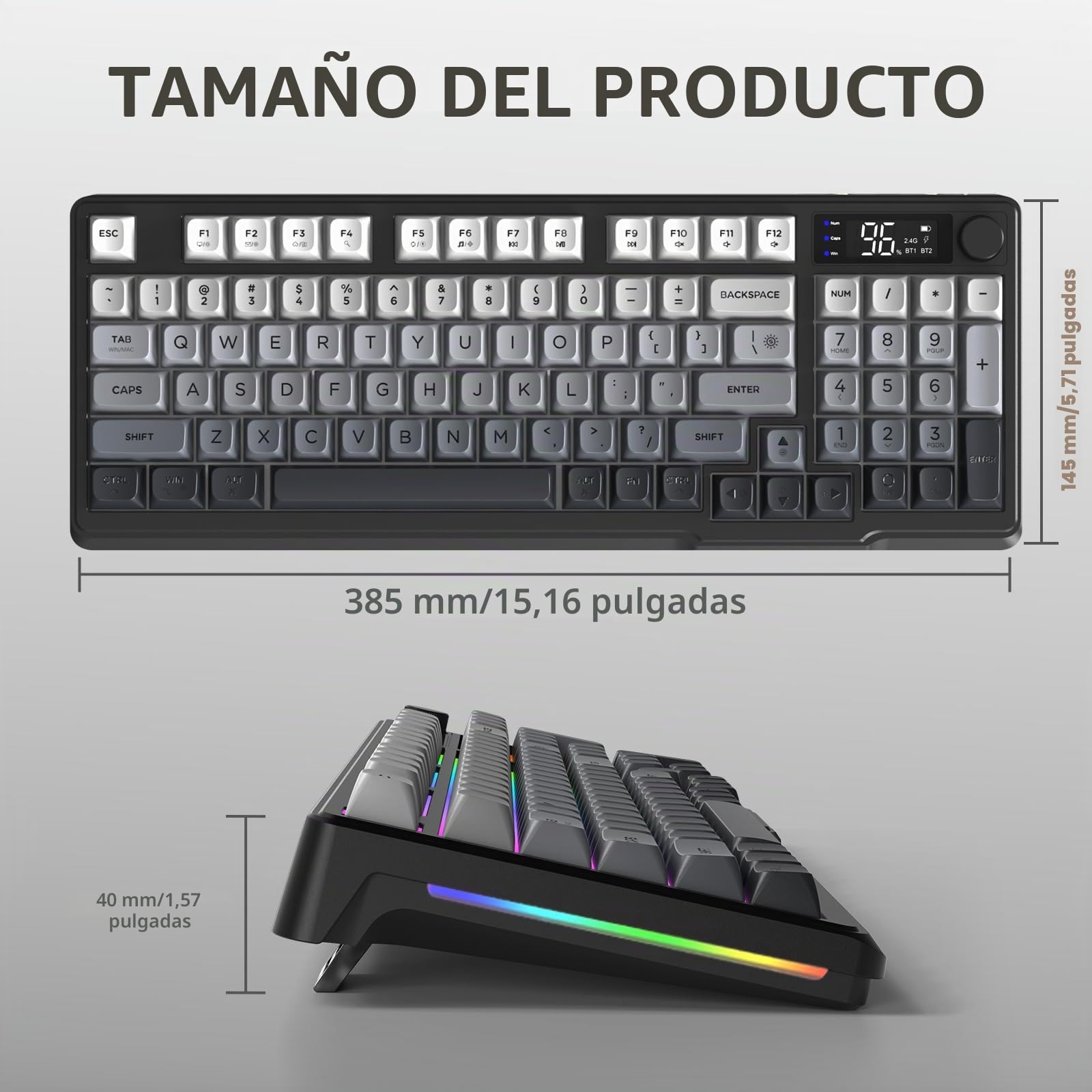 FREEWOLF M96 Teclado Inalámbrico para Juegos, Control De Perilla BT/2.4G Teclado Inalámbrico, Sensación Mecánica, Backlit LED, Pantalla De Visualización, Tecla PBT, 3000 mAh, QWERTY -Negro Degradado