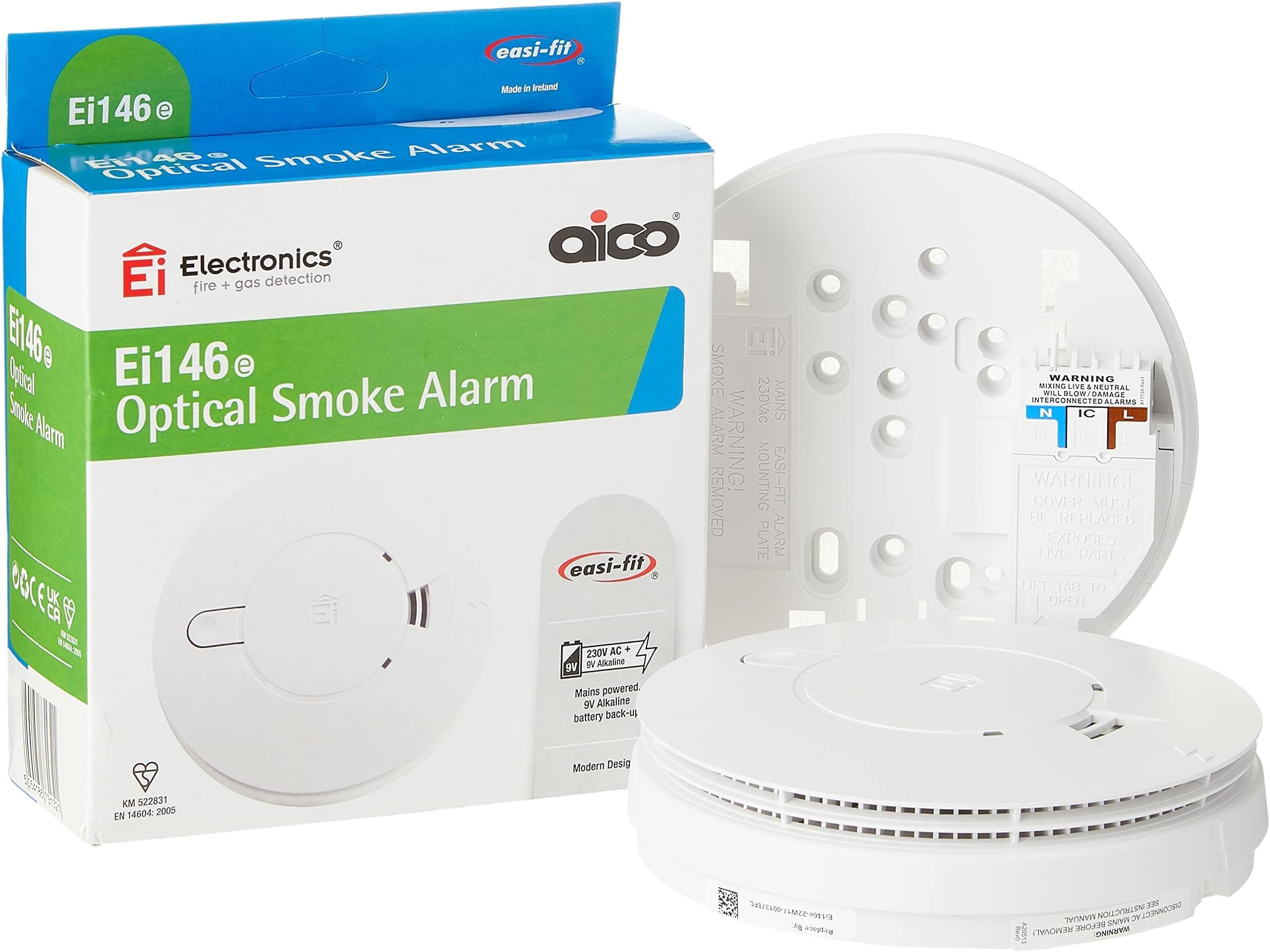 Aico Ei146e Optical Smoke Alarm AC mains power supply and 9V alkaline battery back-up.