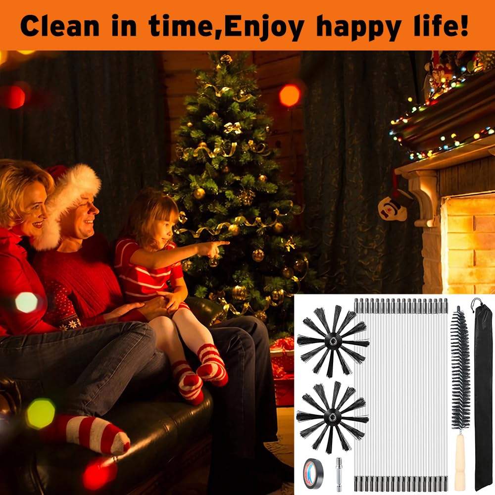 Kit de Cepillo Limpieza Chimenea, Cepillo para Limpiar Chimeneas con 18 Varillas Flexibles, 2 Cabeza de Cepilloy de Ø200mm, 1 Cepillo de Madera para Tuberías de Caldera, Tubos de Ventilación