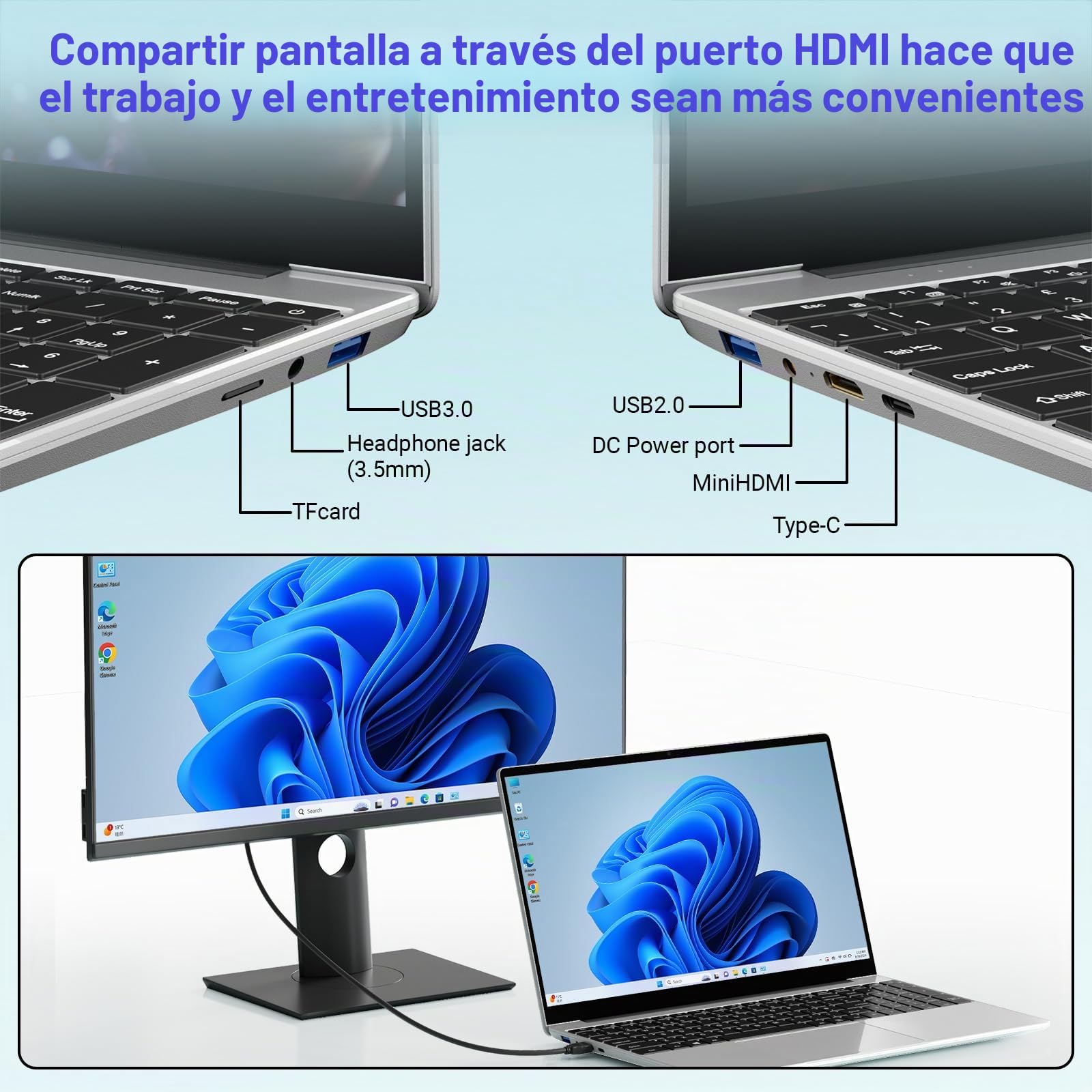 PC portátil 15,6 Pulgadas,16 GB DDR4,SSD 512 GB,TF de 1 TB,N95 (hasta 3,4 GHz),Win11,1920 * 1080 FHD,5G WiFi/Widevine L1/DC 3.0/HDMI/Teclado España de Membrana,Plata