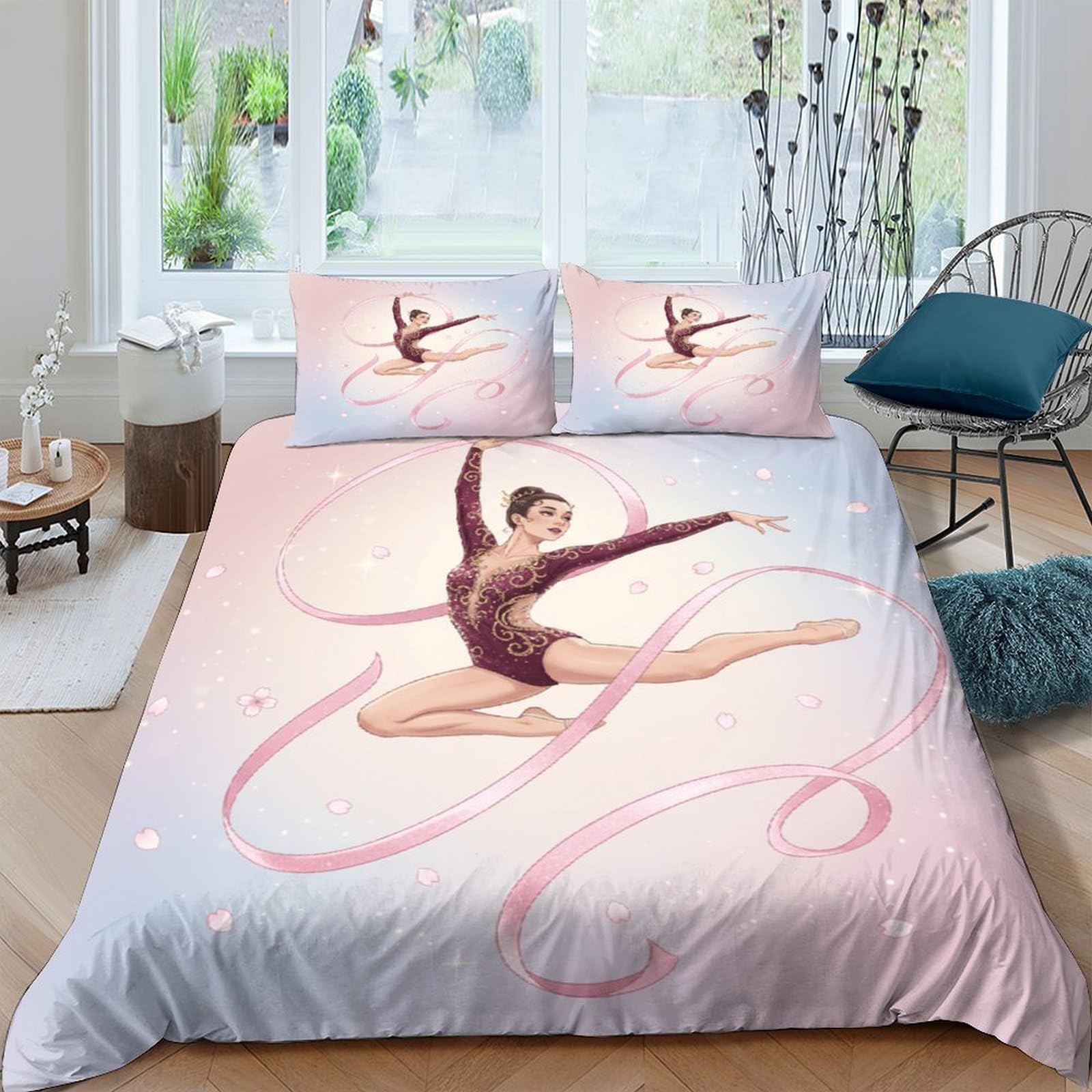Ctjqhvkz Style-10 3D Printed Gymnastics Ribbon Fitted Sheet Microfiber Soft Pink Artistic Bed Cover For Bedroom Dorm Decor Protection Single（135X200cm）