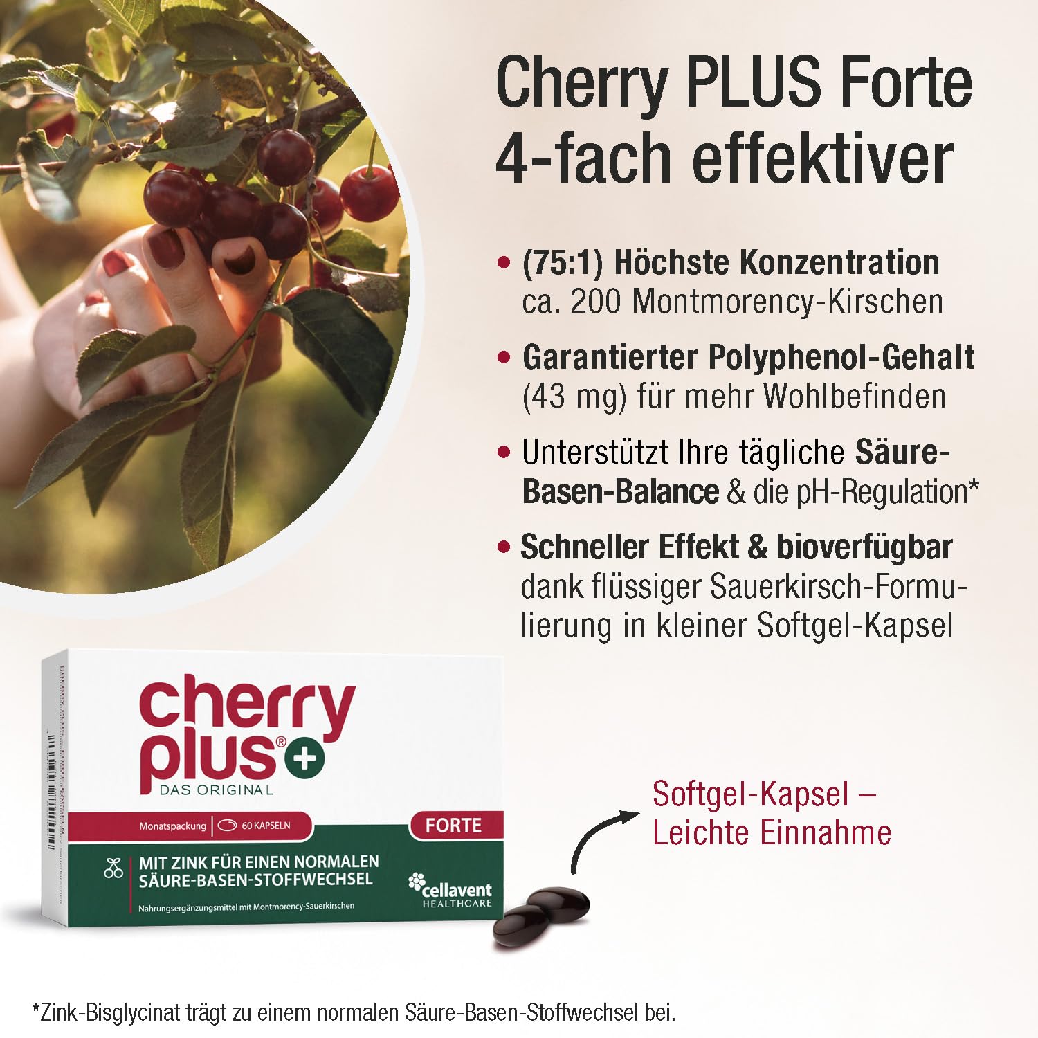 Stärkste Montmorency Sauerkirschen Kapseln – 200 Kirschen/Tag – Sauerkirschsaft & Sauerkirschen Extrakt in einer Kapsel – hochdosiert (75:1) – 43 mg Polyphenole tgl. – Cherry PLUS Forte