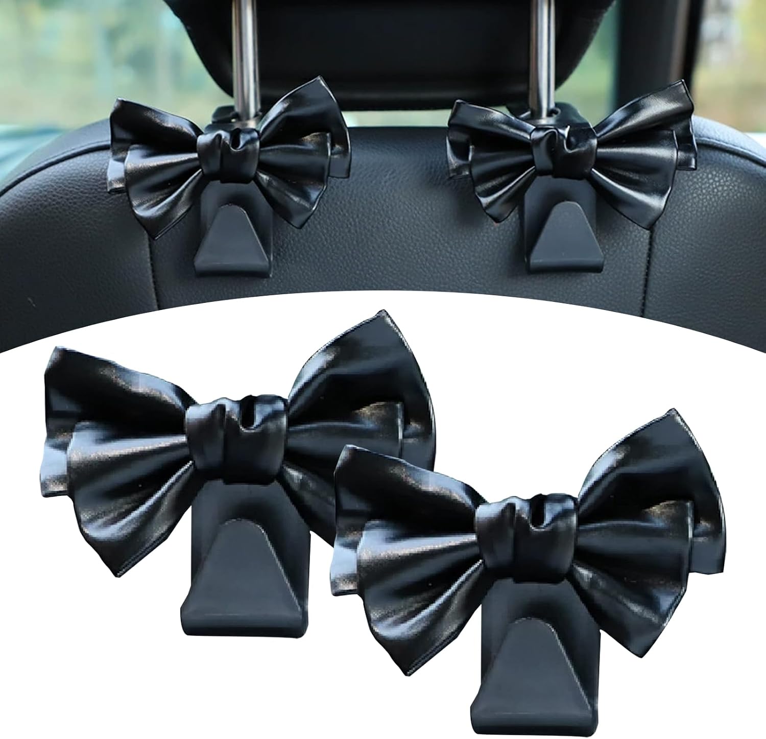 2 Pack Car Seat Headrest Hooks, Cute Bow Design Backseat Hook Storage Organizer for Purses, Handbags, Coats, Umbrellas, Cute Car Accessories for Women and Girls (Black Leather)