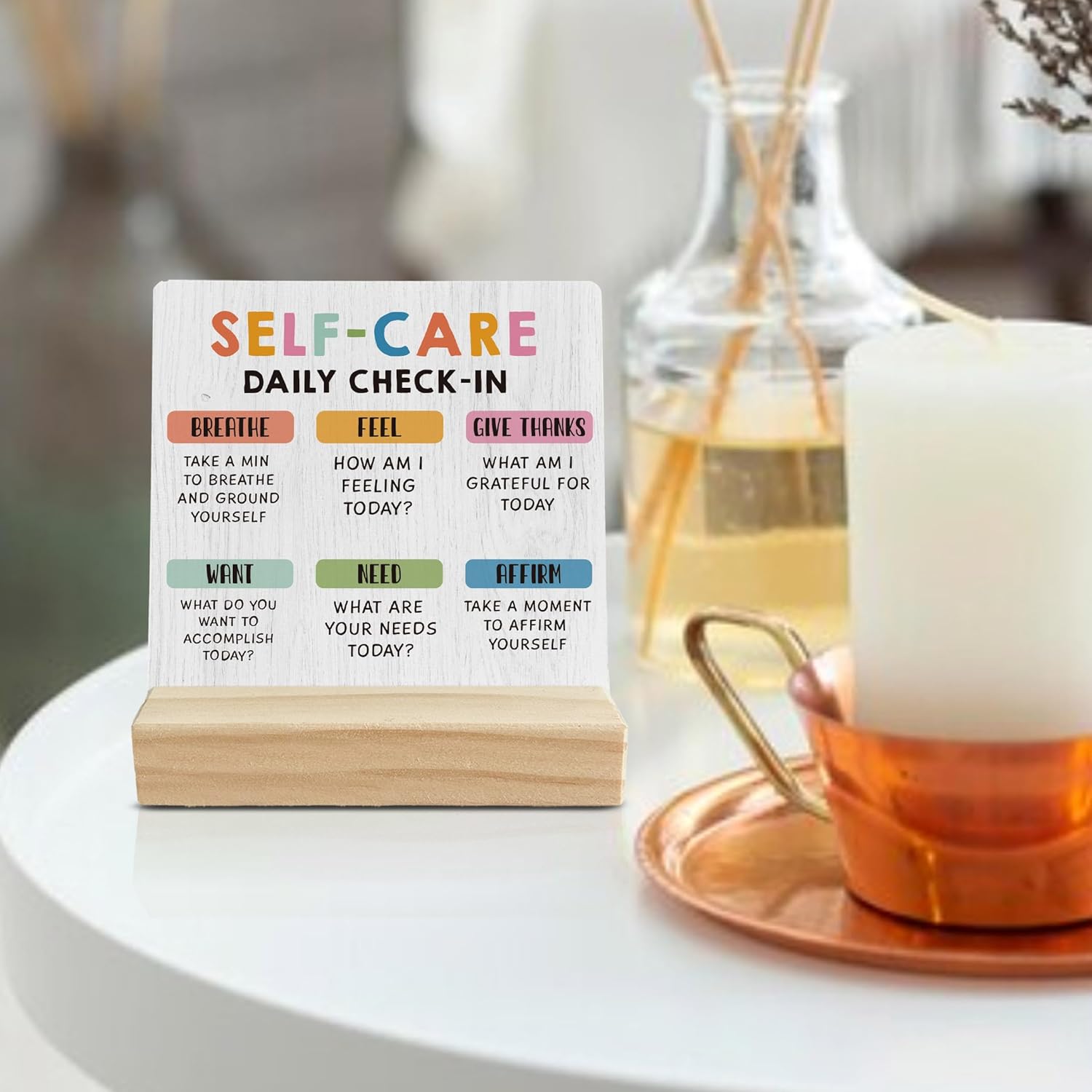 Mental Health Desk Decor, Inspirational Self Care Daily Check in Wood Desk Sign, Therapy Office Shelf Decor, Motivational Wooden Plaque with Wood Stand for Home Counseling Office Table - Image 3